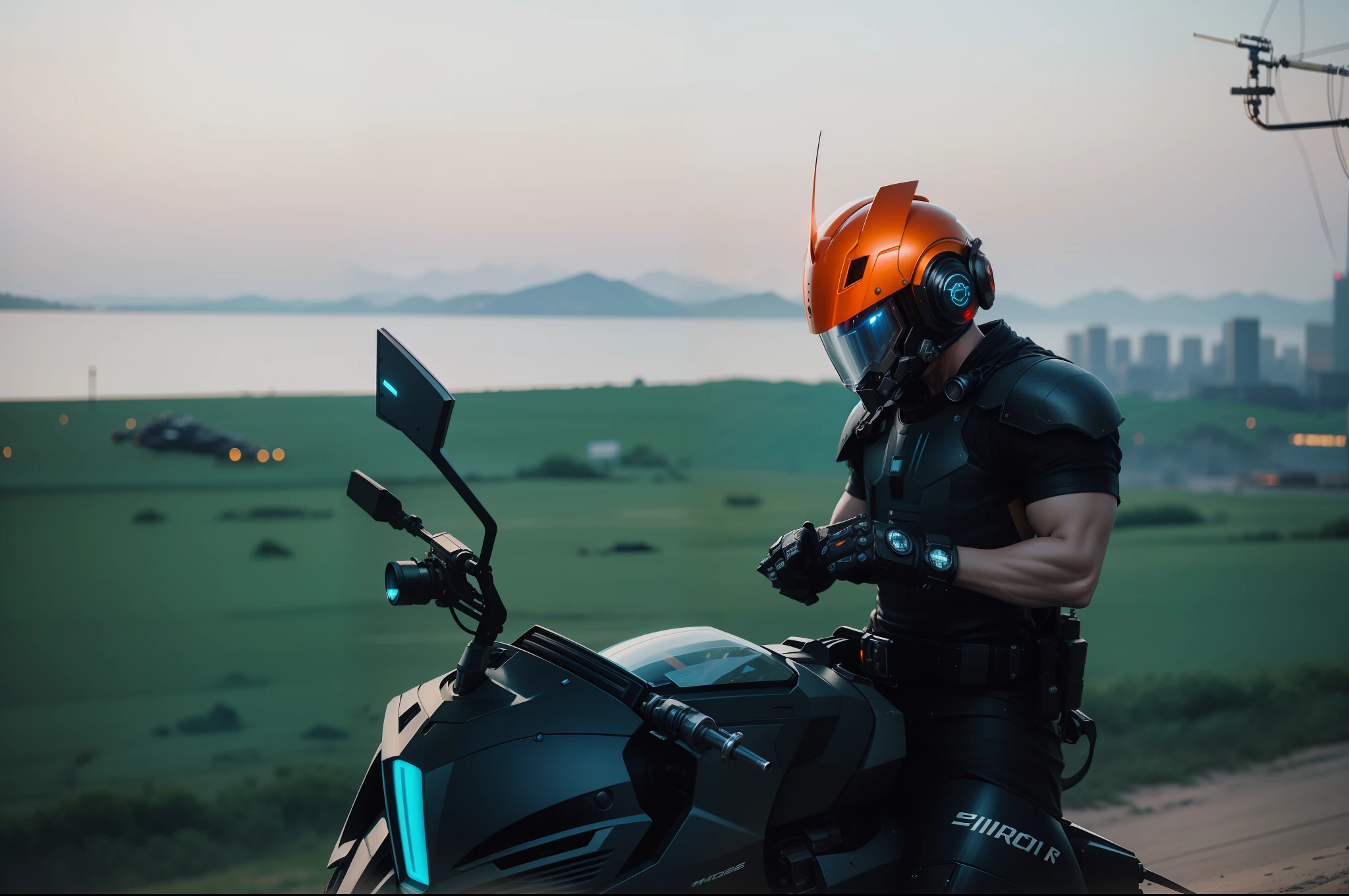 Robot warrior with helmet, riding motorcycle, sci-fi mecha motorcycle, wearing helmet, motorcycle helmet, futuristic motorcycle, mechanical motorcycle, cyberpunk style, mecha style, robot, futuristic warrior, futuristic city background --auto --s2