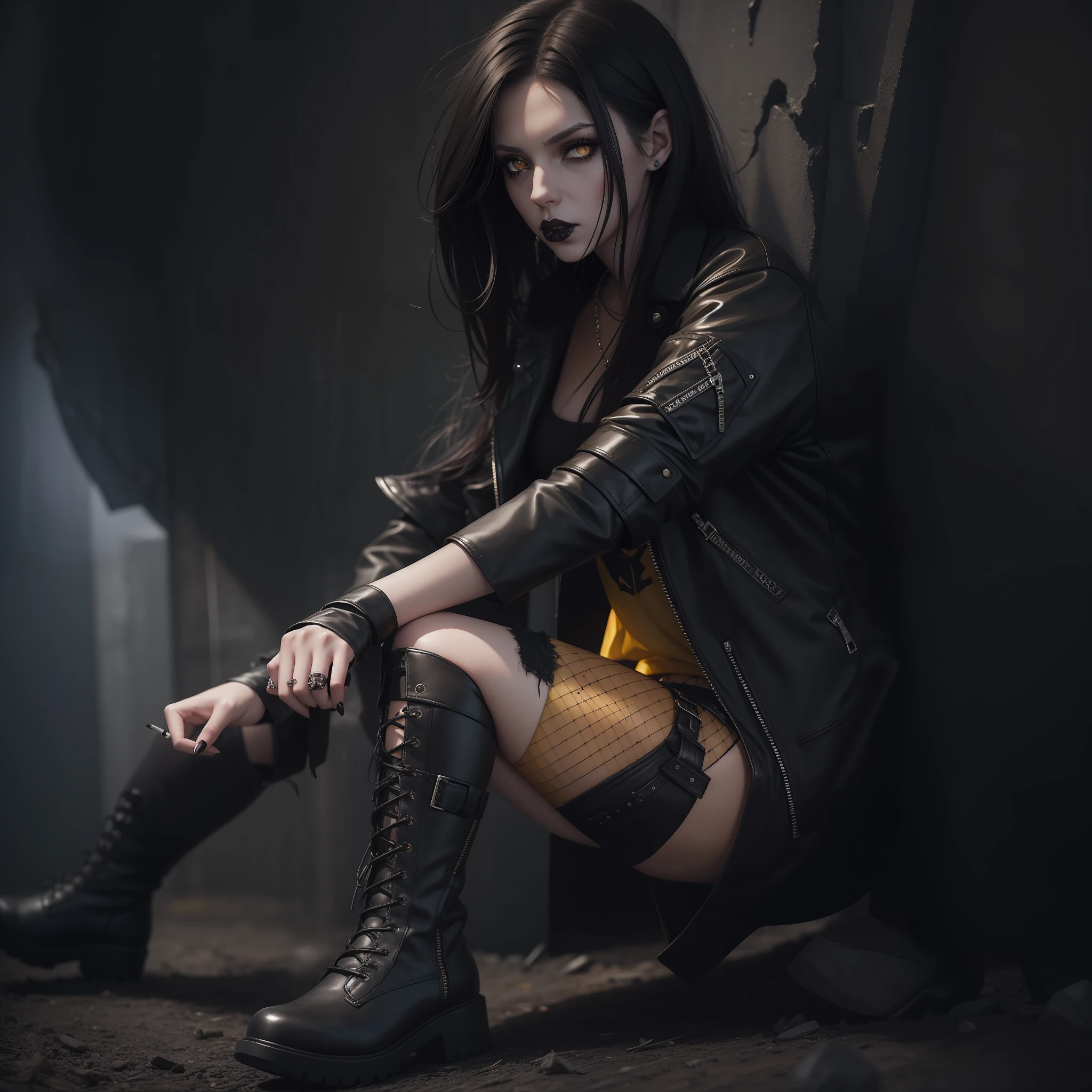 Full body female character -17 years, long dark brown hair,yellow eyes,gorgeous face - goth girl, goth girl aesthetic, grunge fashion, grunge aesthetic!!!, goth girl, long black gothic shirt, short black shorts, short black boot- smoking cigarette