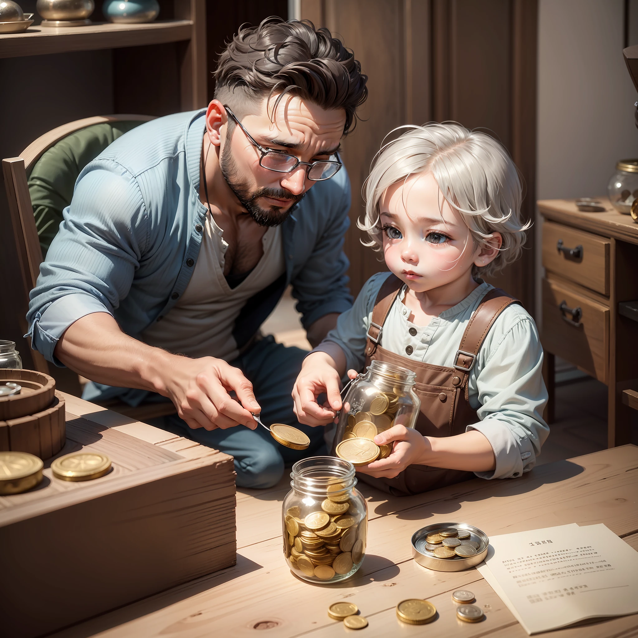 A 35-year-old father, a 4-year-old son, the two are looking at a transparent glass jar filled with silver coins --auto --s2
