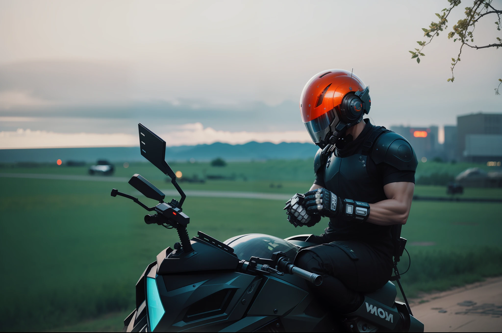 Robot warrior with helmet, riding motorcycle, sci-fi mecha motorcycle, wearing helmet, motorcycle helmet, futuristic motorcycle, mechanical motorcycle, cyberpunk style, mecha style, robot, futuristic warrior, futuristic city background --auto --s2