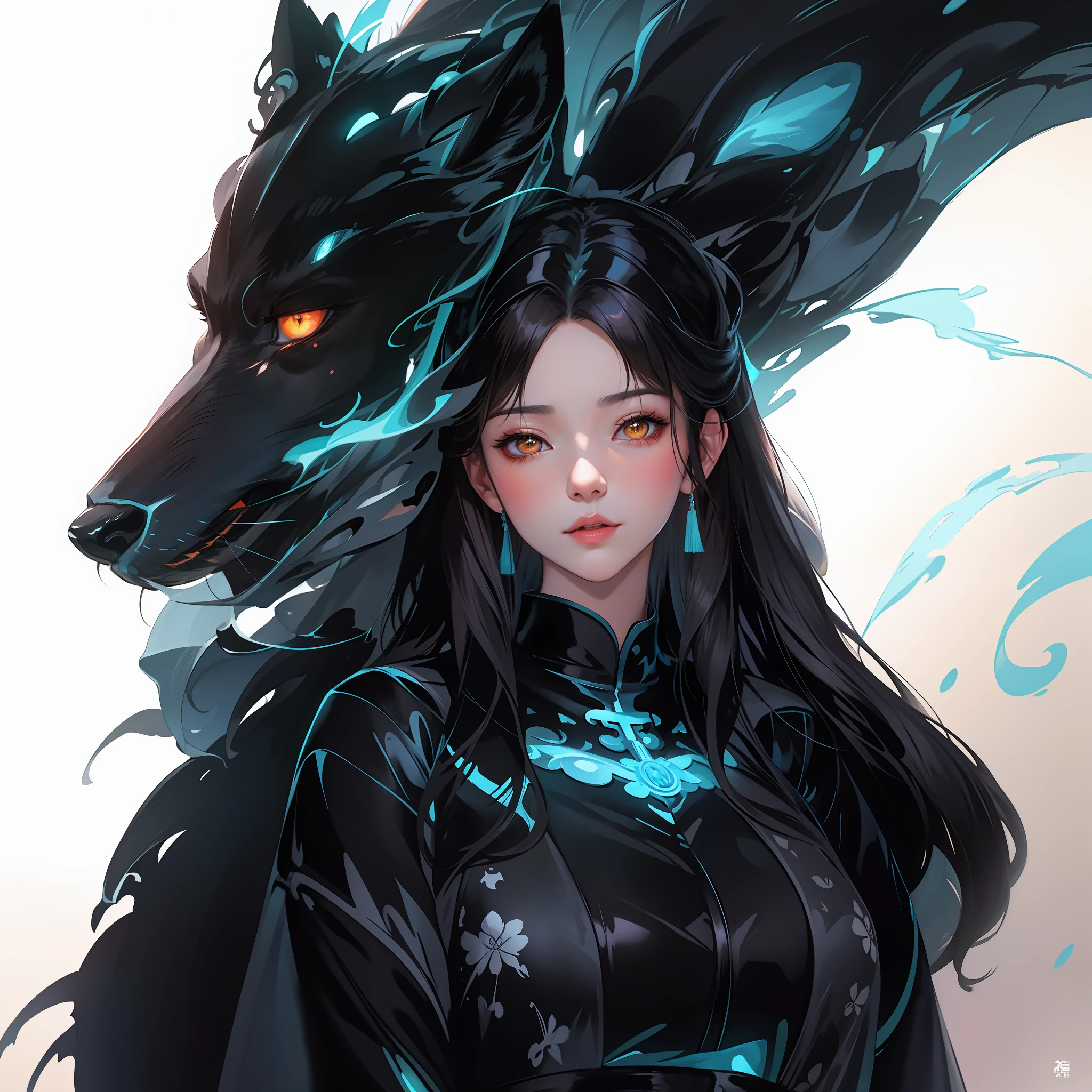 Anime - a long brunette and fluorescent wolf woman style image, by Yang J, artgerm and atey ghailan, a beautiful fox lady, Guweiz, Guvez style artwork, Artgerm and Nguyen Jia, Nguyen Jia and Artgerm, a beautiful fox woman, portrait of a dragon woman