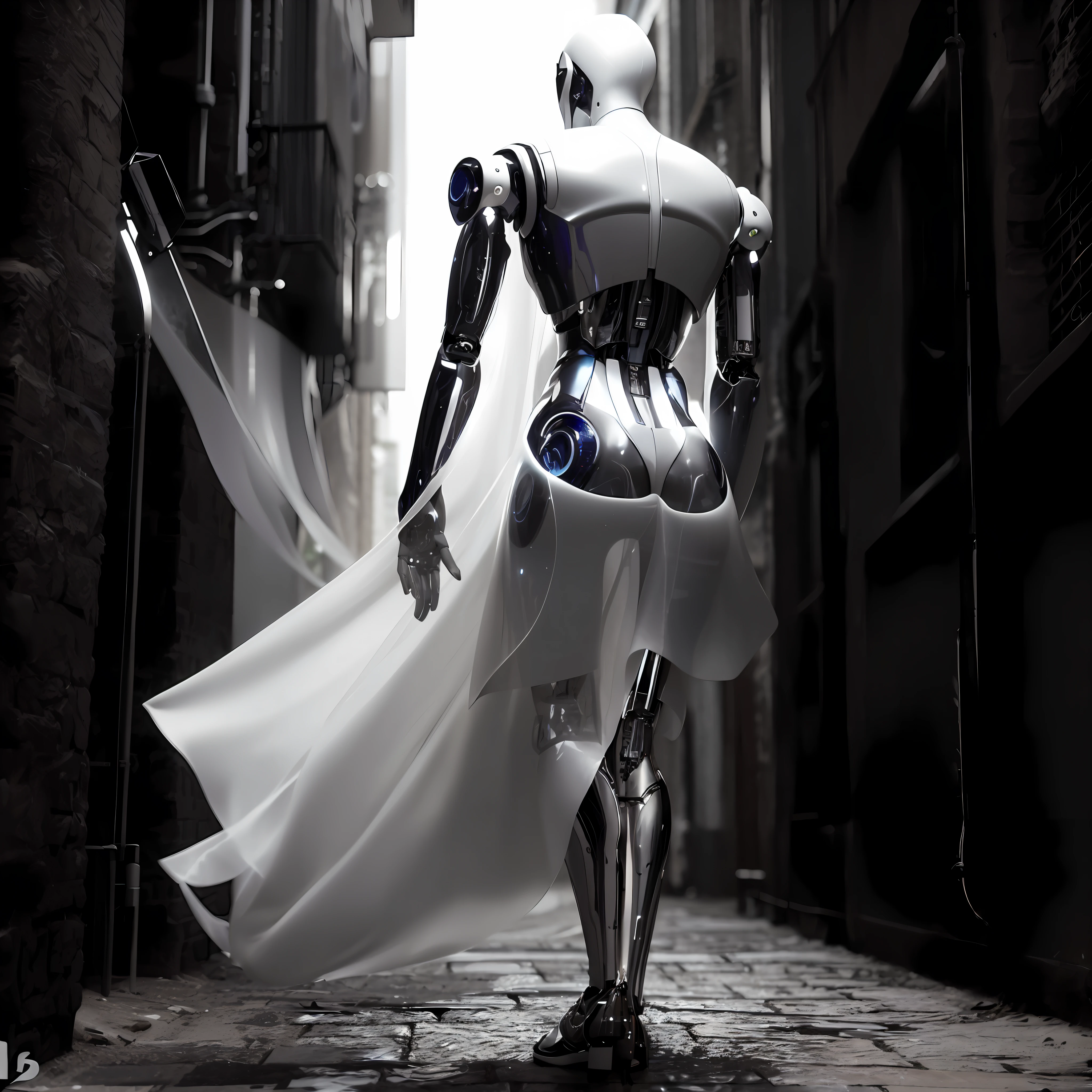 Arafed woman in a translucent white dress walking down a narrow alley, black and white photography, white cyborg fashion shot, cyborg fashion shot, futuristic robot body, futuristic robot angel, futuristic robot, porcelain cyborg, cgsociety - w 1 0 2 4 - n 8 - me, cyborg fashion model, sensual humanoid woman, 3d render digital art