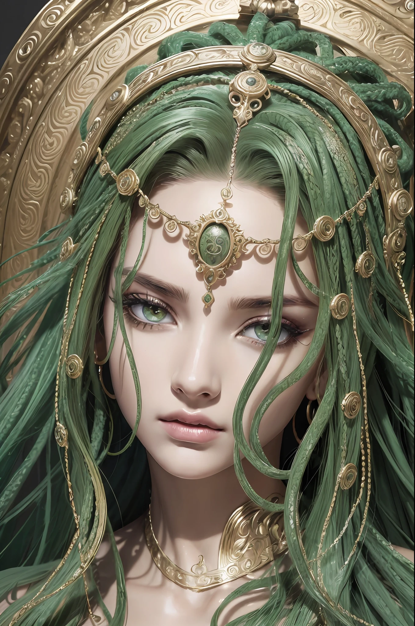 Absurd, ultra-detailed, high quality, detailed face, beautiful eyes, Medusa, the Gorgon, the Gorgon with serpent hair, possesses a complex mix of beauty and terror, mesmerizing gaze,