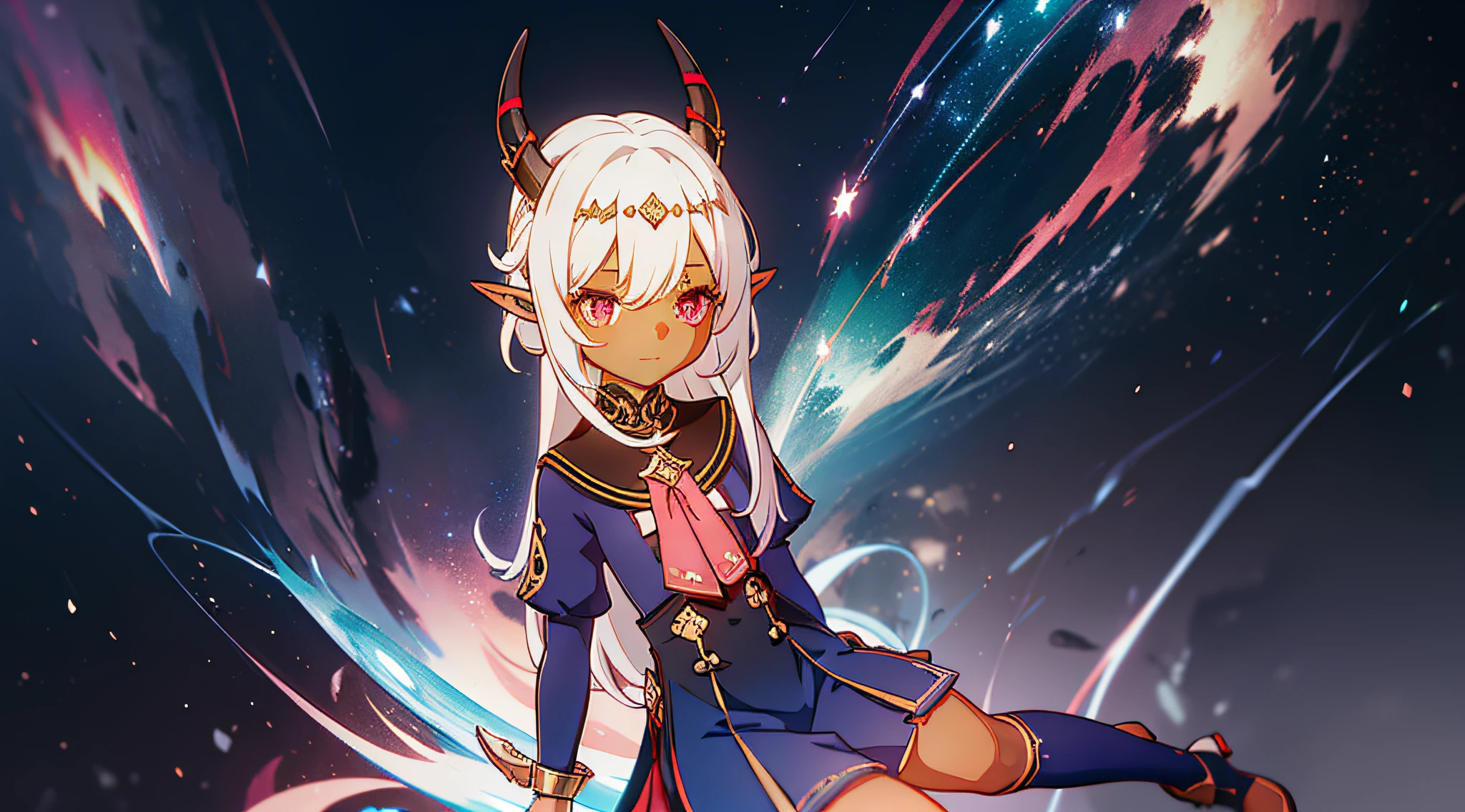 Menida Sucubo, small girl with elf horns and ears, dark skin, red eye, tail, medium white hair, dark blue sailor uniform, pink tie, short pink sock, short black boot, galaxy background, electricity, lightning