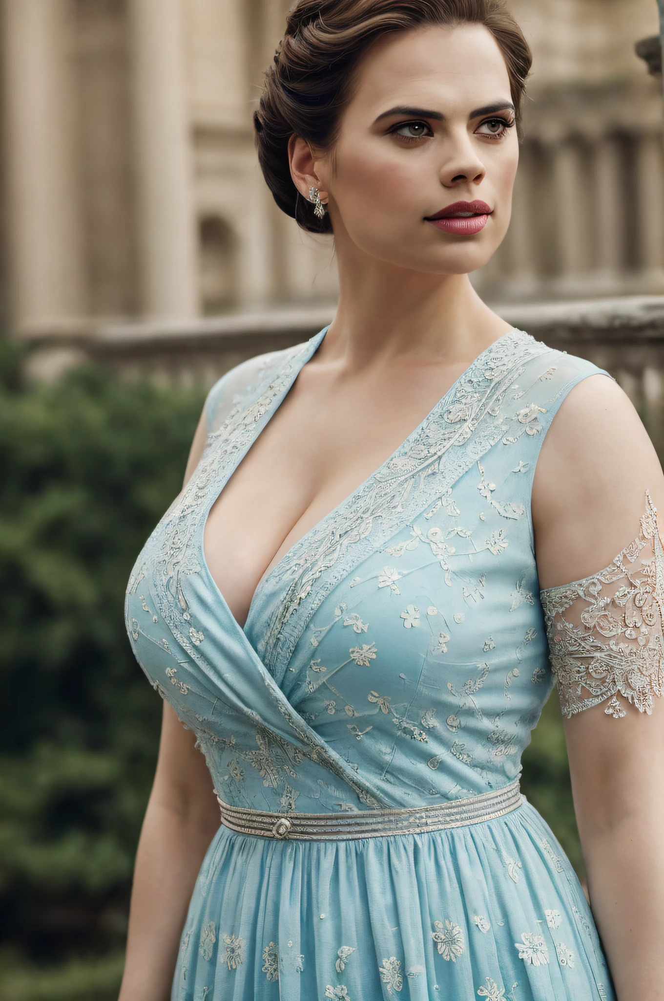 beautiful Hayley Atwell, wearing a chiffon floral summer maxi dress, city of Rome. intricate, 8k, highly detailed, (extremely detailed CG unity 8k wallpaper), (detailed ???????), (detailed features), Hyperrealistic full shot body image, trending on CGSociety, Intricate, High Detail, Sharp focus, dramatic, strong sunshine, vibrant colours, fine art photography, intense, modelshoot style, (extremely detailed CG unity 8k wallpaper), full shot body photo of the most beautiful artwork in the world, pearl skin