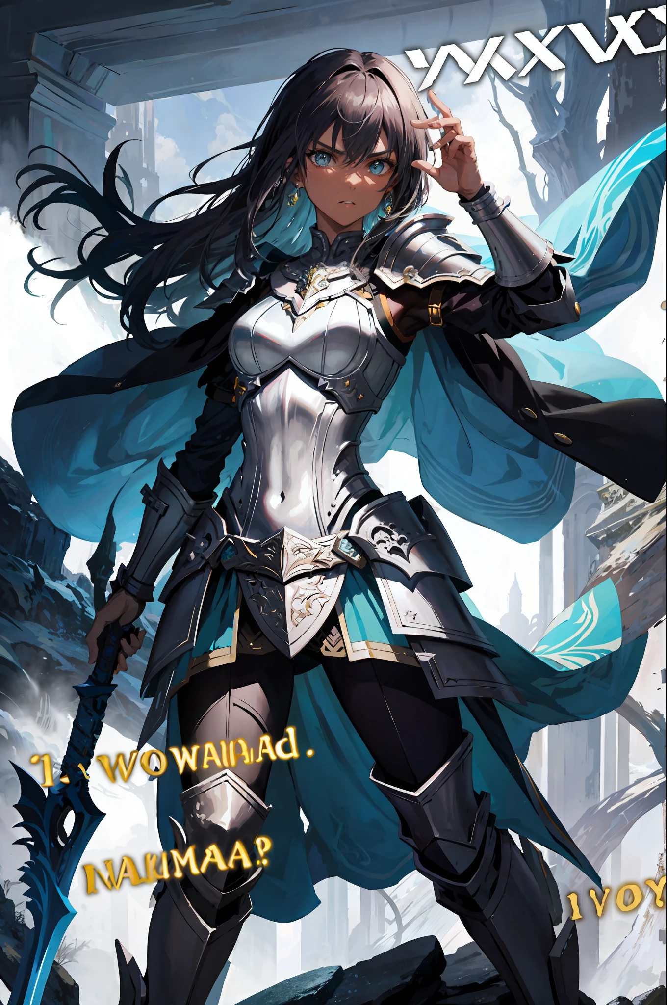 fantasy, epic, movie poster style illustration, a girl standing in armor, wielding a sword, with a dynamic and magical background, featuring prominent and well-designed typographic elements, standing, confident, determined, wielding a sword, epic title, magical forest, bright runes, bold text, dark skin