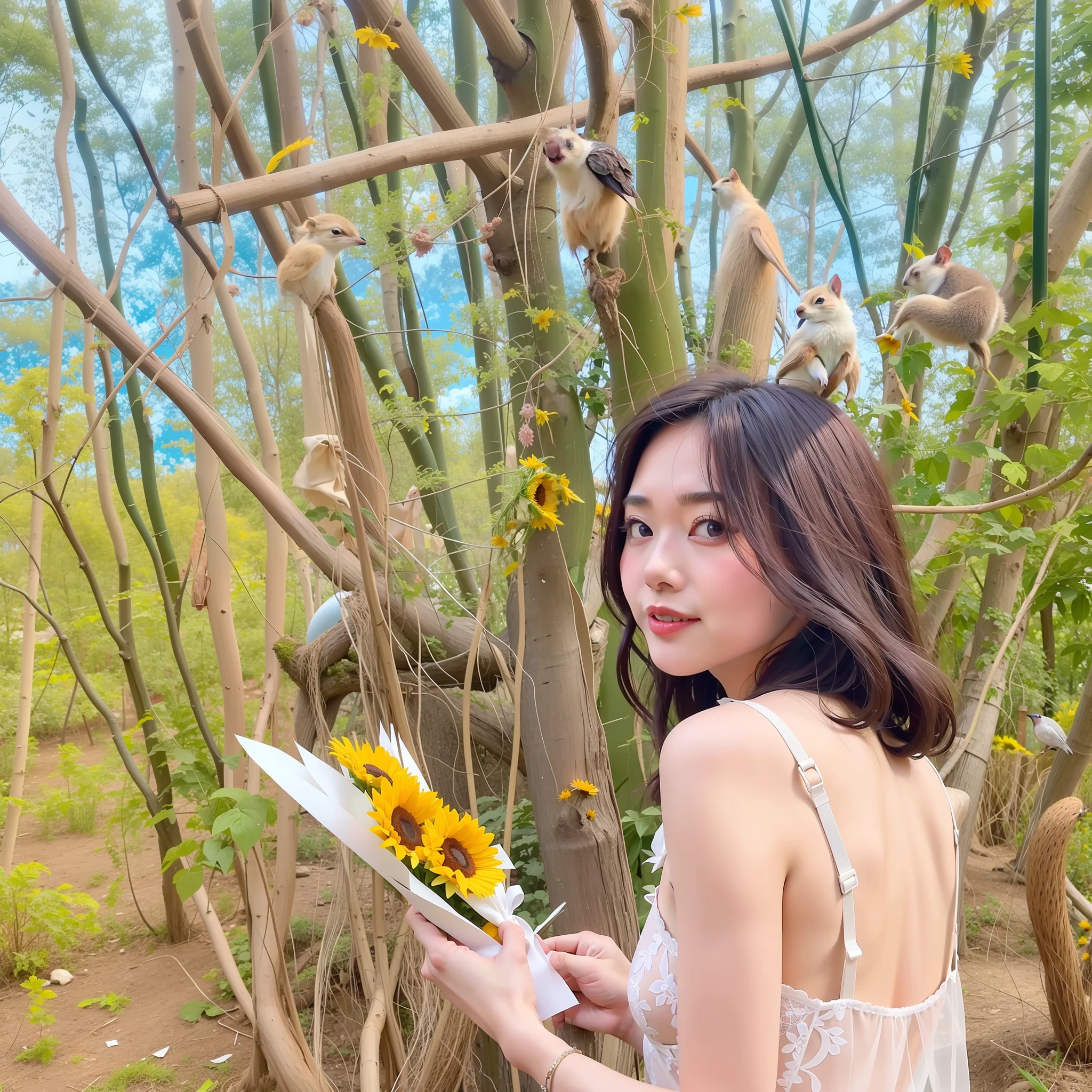 araffe woman holding a bouquet of flowers in front of a tree, sunflowers in the background, photoshoot, 🐿🍸🍋, with flowers, 🤬 🤮 💕 🎀, xintong chen, with ivy, 🪔 🎨;🌞🌄, fanart, holding a 🛡 and an 🪓, shot on nikon z9fishnets, lingerie, see-through, bodysuit, pantyhose, bare shoulders, halter neck