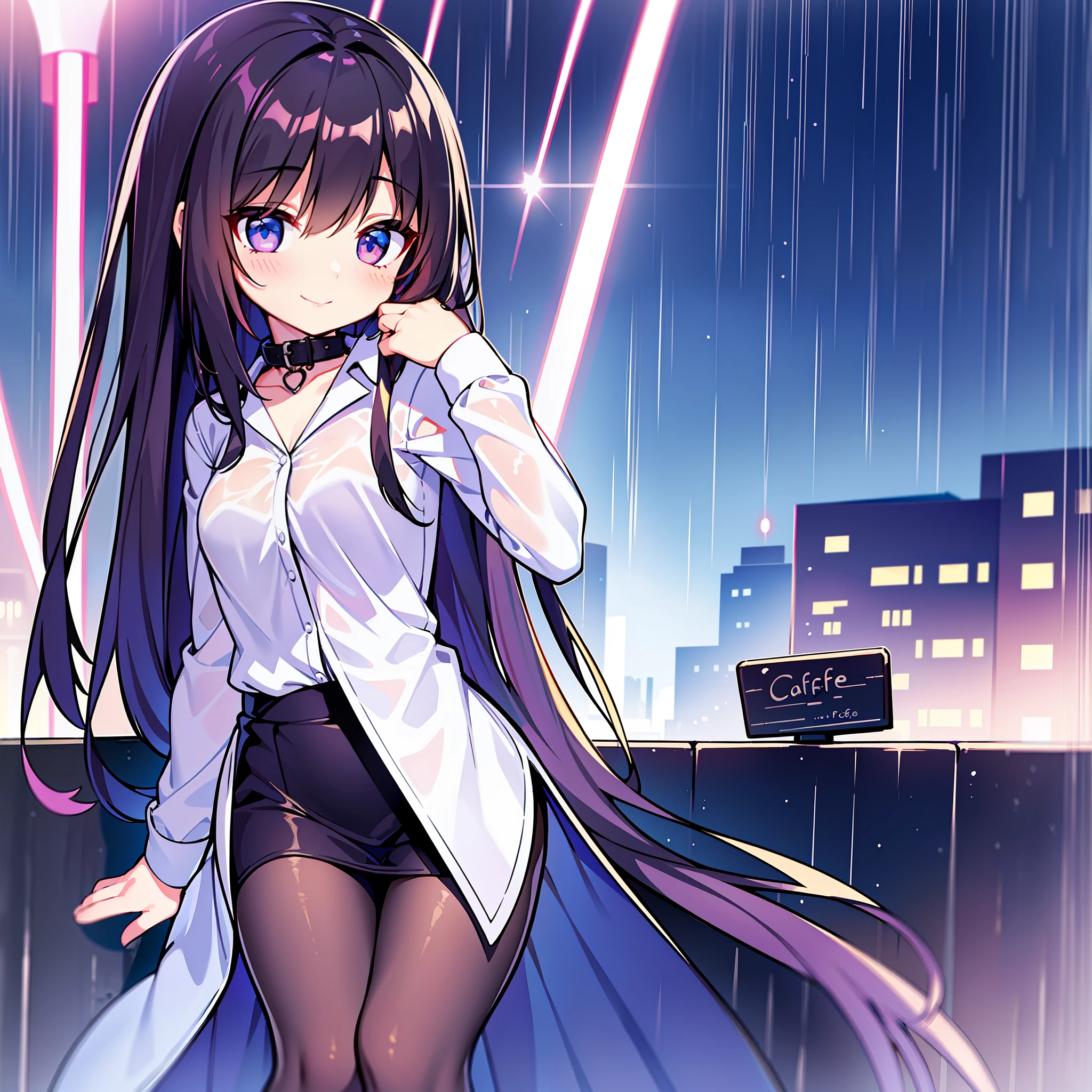 8K, Best Quality, Masterpiece: 1.2) , Super Detail, 1 Girl, Cute, Indie, Beautiful Detail Sky, Detail Cafe, Evening, Night, Rain