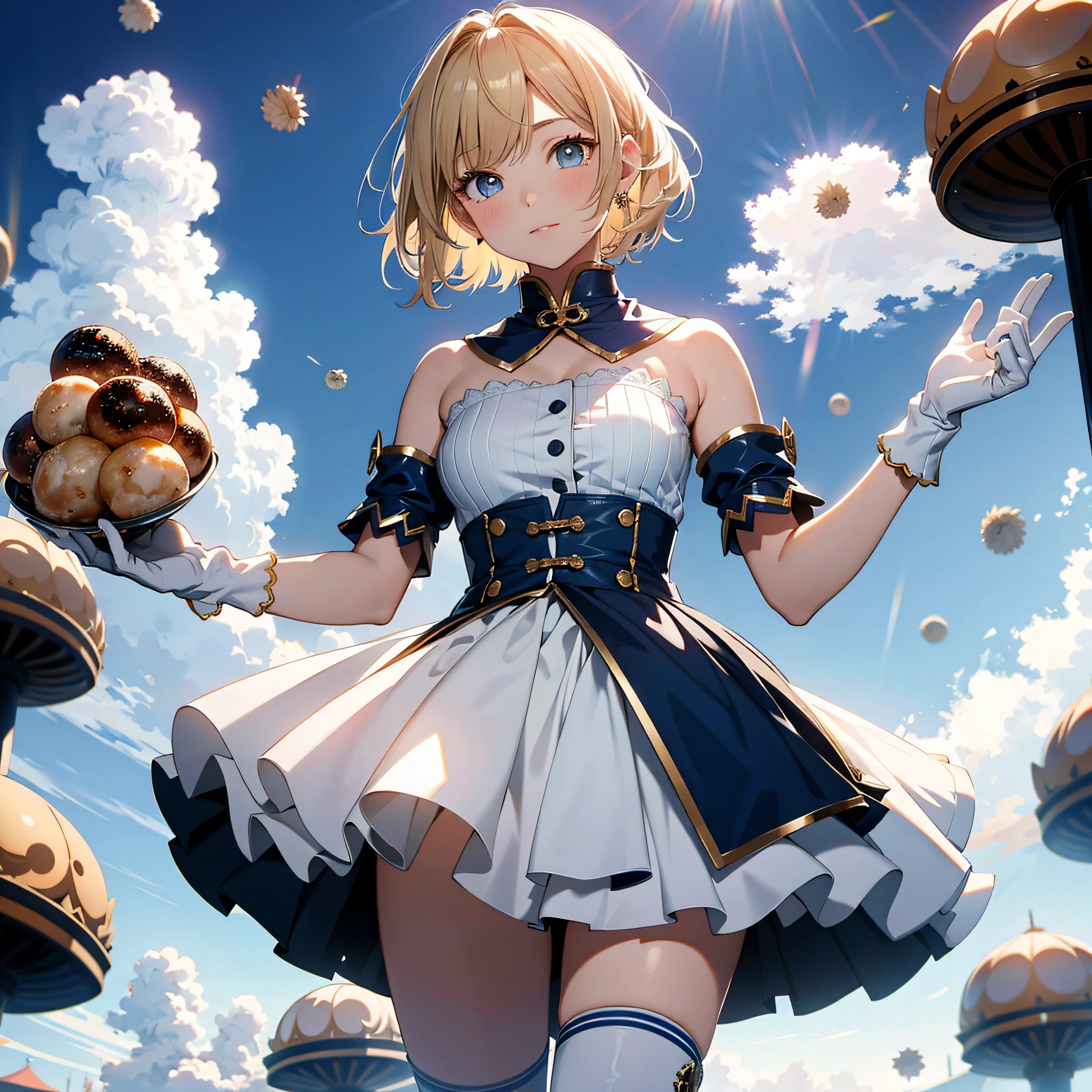 Absurd resolution, high resolution, (masterpiece: 1.4), super detailed, one girl, from top, takoyaki, floating, blonde, petite, short hair, long boots, white and blue costume, gloves that are up to the elbows