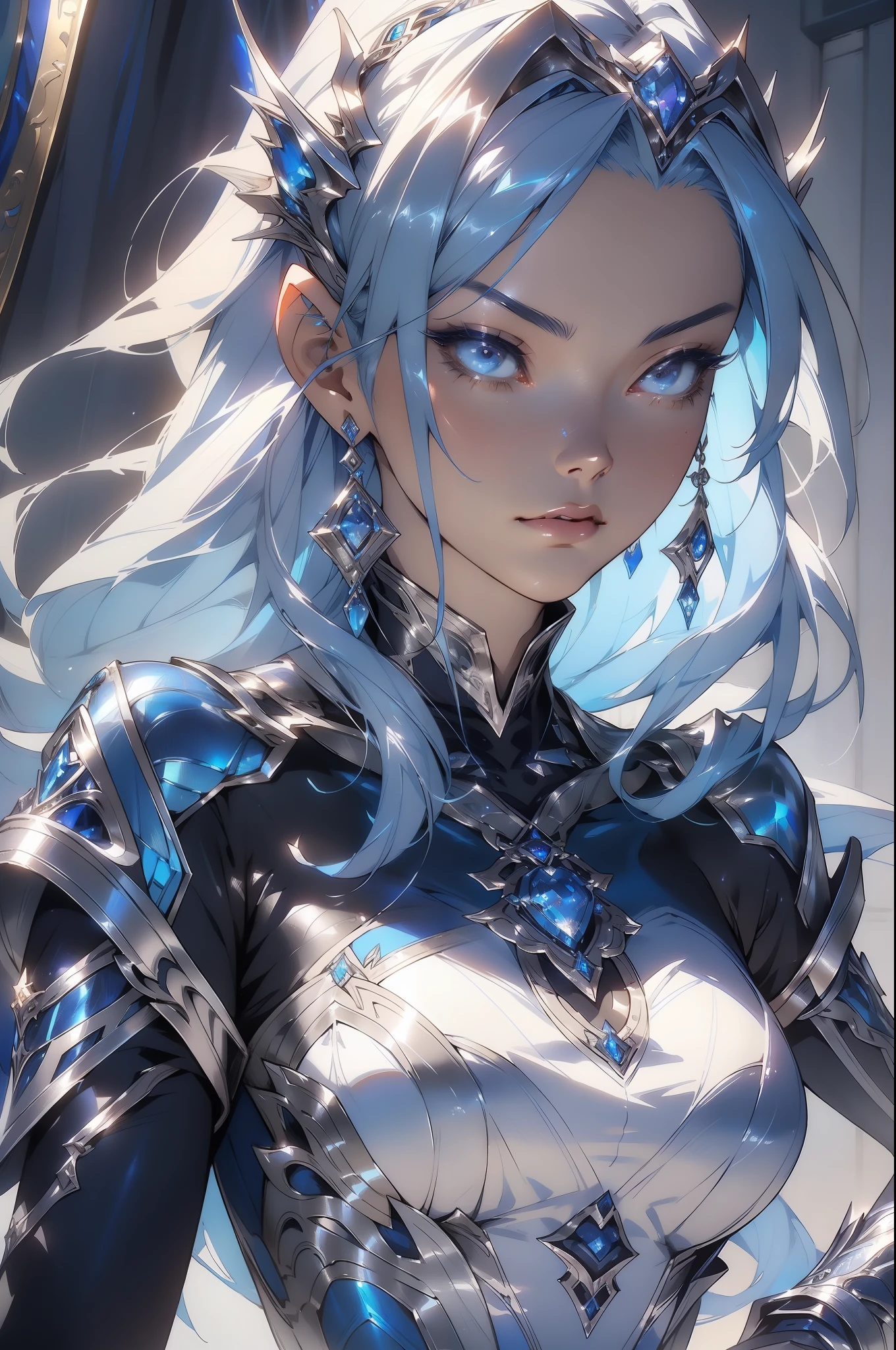 a close up of a woman in a silver and blue dress, chengwei pan on artstation, by Yang J, detailed fantasy art, stunning character art, fanart best artstation, epic exquisite character art, beautiful armor, extremely detailed artgerm, detailed digital anime art, artgerm on artstation pixiv, armor girl