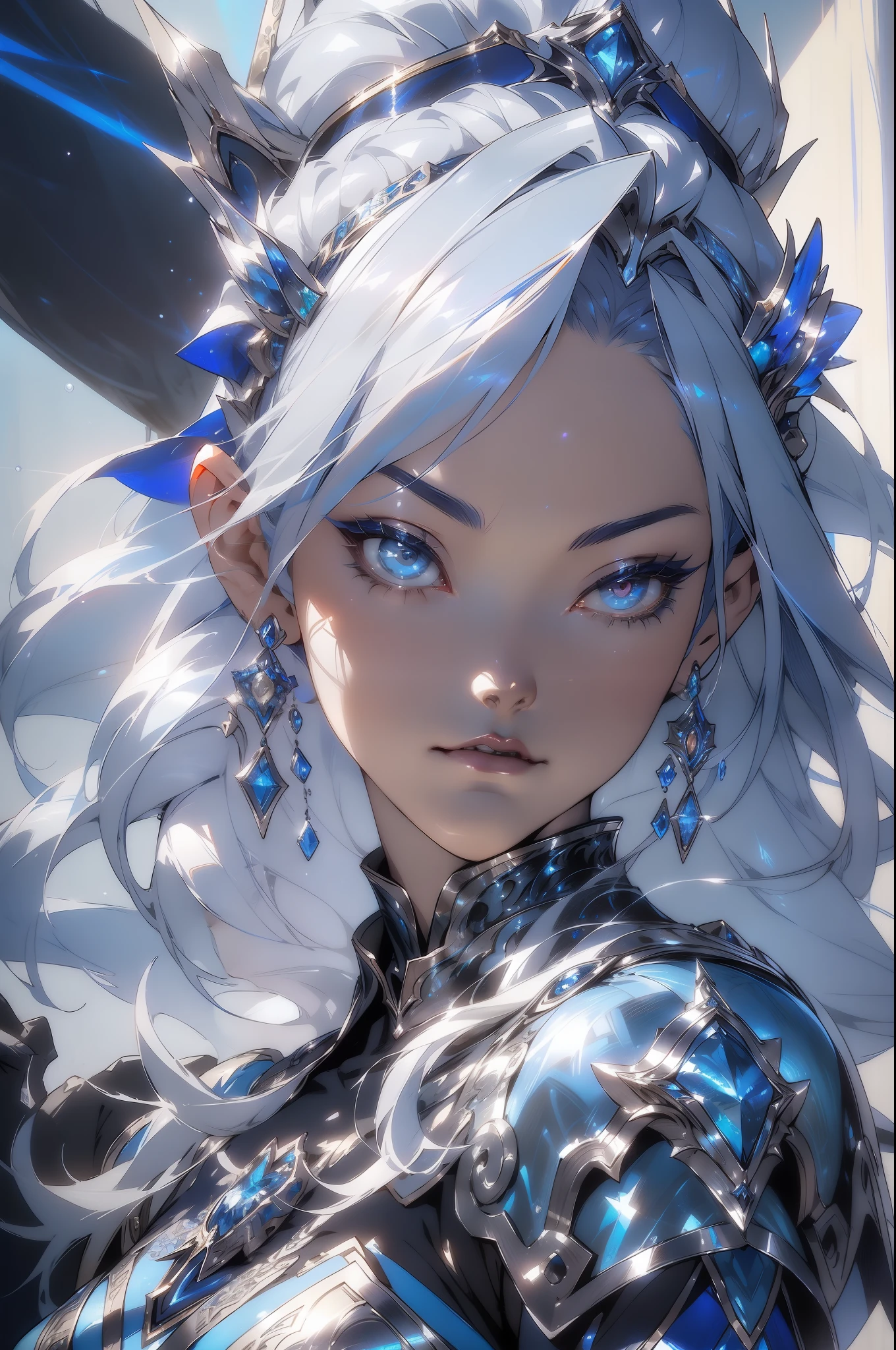 a close up of a woman in a silver and blue dress, chengwei pan on artstation, by Yang J, detailed fantasy art, stunning character art, fanart best artstation, epic exquisite character art, beautiful armor, extremely detailed artgerm, detailed digital anime art, artgerm on artstation pixiv, armor girl