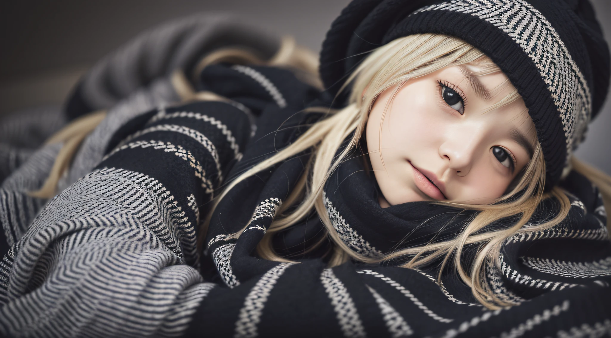 GIRL BLONDE CHILD with long hair wearing a scarf and a hat, sleepy fashion model face, sleepy, sleepy expression, Marisa Kirisame, wearing cute black scarf, prettier, sleeping, sick with a cold, Lalisa Manobal, Misa Amane*, very tired woman, sleeping, Takeyuki Kanda, Lalisa Manoban of blackpink