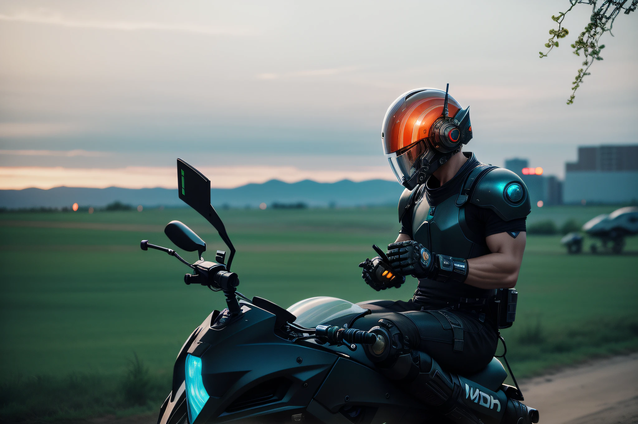 Robot warrior with helmet, riding motorcycle, sci-fi mecha motorcycle, wearing helmet, motorcycle helmet, futuristic motorcycle, mechanical motorcycle, cyberpunk style, mecha style, robot, futuristic warrior, futuristic city background, war, battlefield --auto --s2