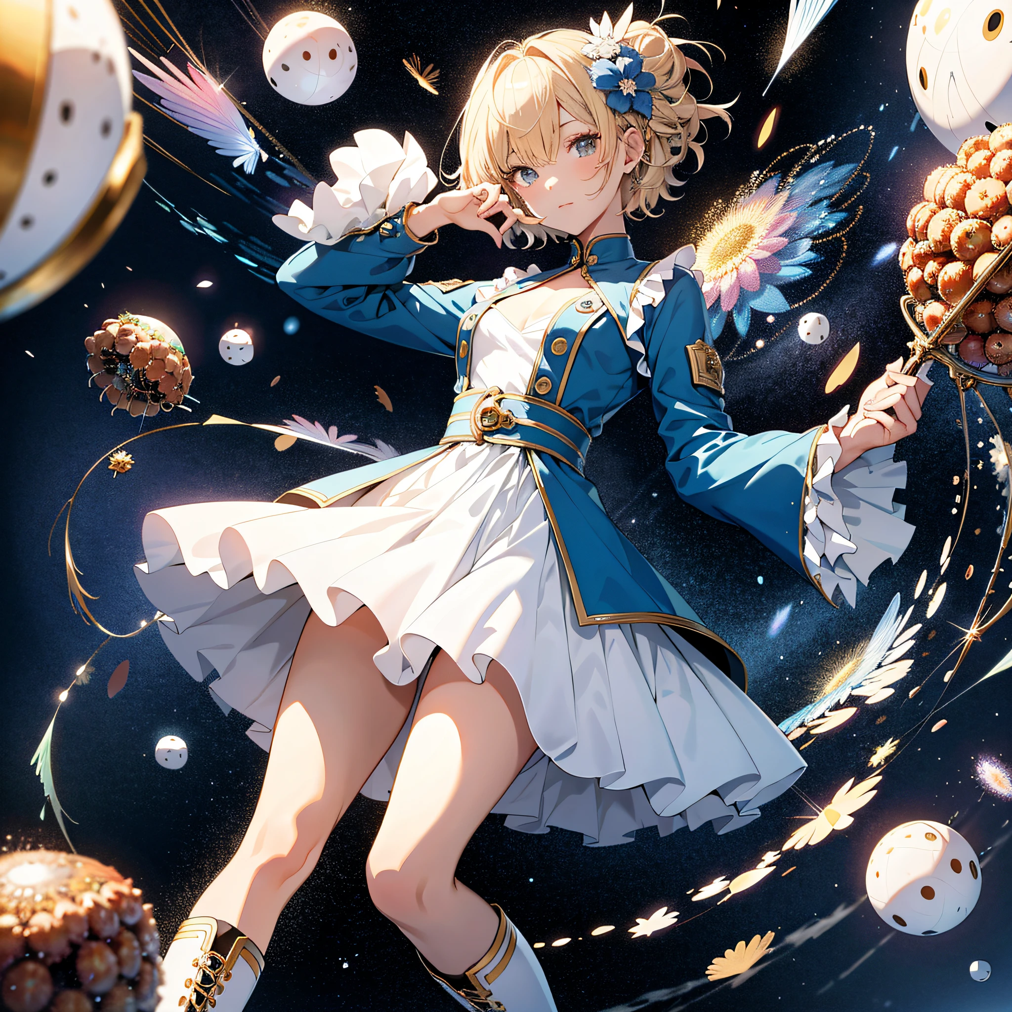 Absurd resolution, high resolution, (masterpiece: 1.4), super detailed, one girl, from top, takoyaki, floating, blonde, petite, short hair, long boots, white and blue costume, gloves that are up to the elbows