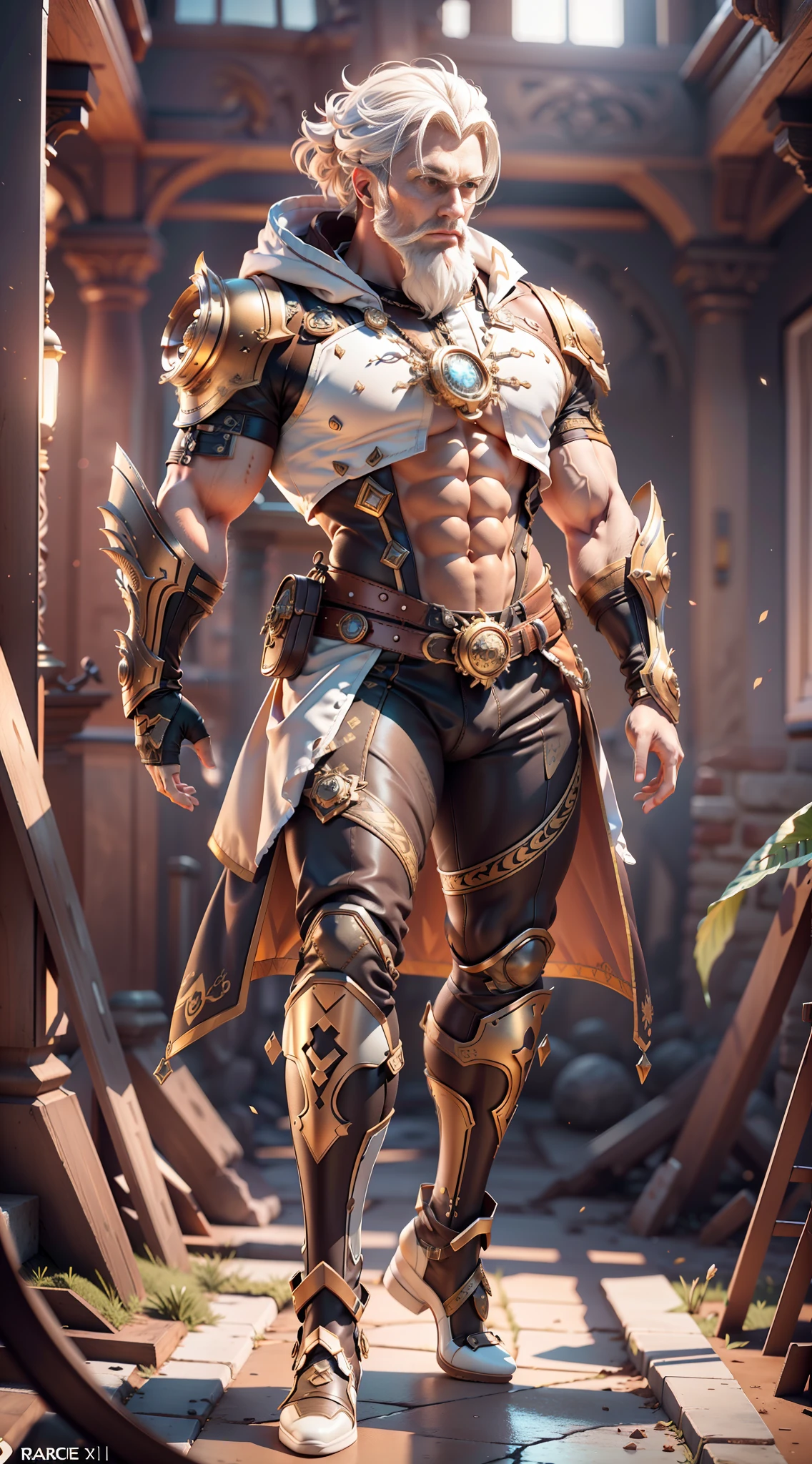 Broken [brown: white: 0.5] theme, ((gradient background: 1.1))),panorama, full body, best quality, masterpiece, super high resolution, (realism:1.4), absurdity, cinema lighting, a strong man, (((muscle lines))), strong, (((human head))), delicate human face, (anatomically correct), ((glowing )), short white hair, red eyes, (parchment pattern clothing decoration), ((white shoes)), surrealism, steampunk, Intricate design, extreme detail, fine detail, HDR (High Dynamic Range), Ancient Technology, HDR (High Dynamic Range), Ray Tracing, NVIDIA RTX, Super Resolution, Unreal 5, Subsurface Scattering, PBR Textures, Post-processing, Anisotropic Filtering, Depth of Field, Maximum Clarity and Acutance, Multi-layer Textures, Albedo and Highlight Maps, Surface Shading, Accurate Simulation of Light-Material Interactions, Perfect Ratios, Octane Rendering, Two-tone Lighting, Low ISO, White Balance, Rule of Thirds, wide aperture, 8K RAW, high efficiency sub-pixel, subpixel convolution, luminescent particles, light scattering