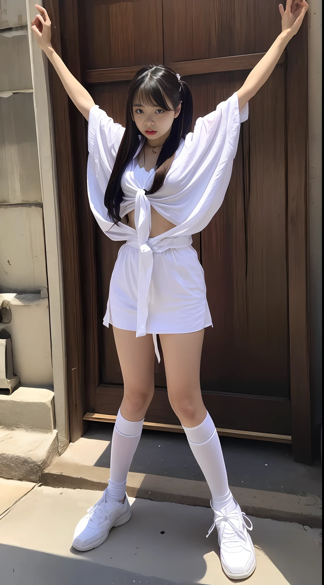 Asian girl with big tied up and about to be executed, full body