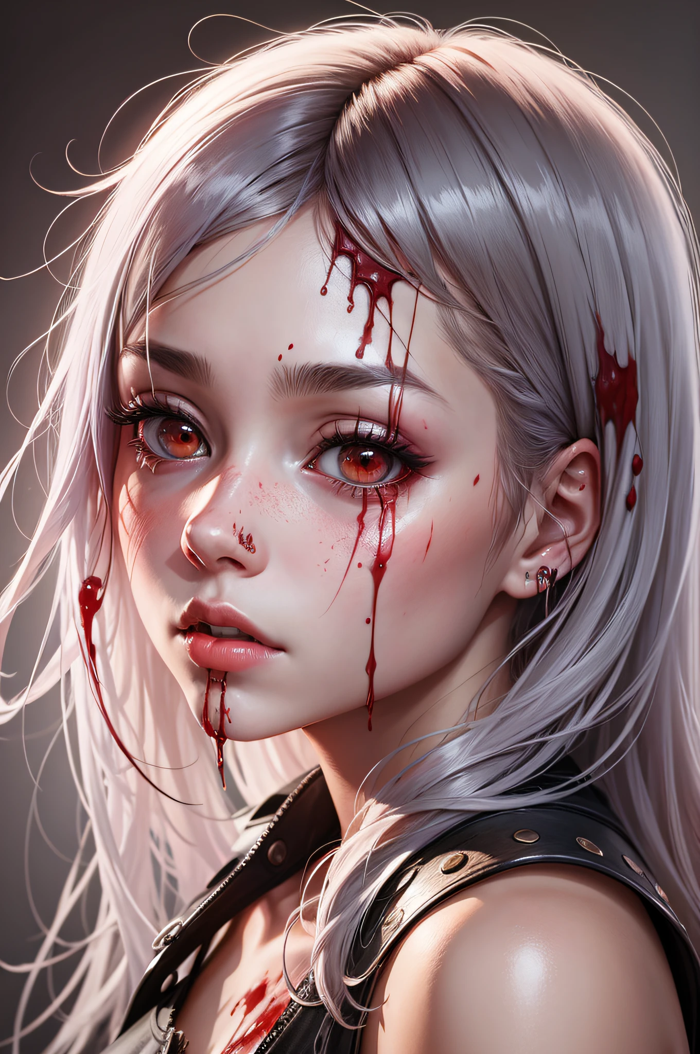 1girl, full of blood, bruised, enough blood, cuts on face with blood, realistic, high quality,