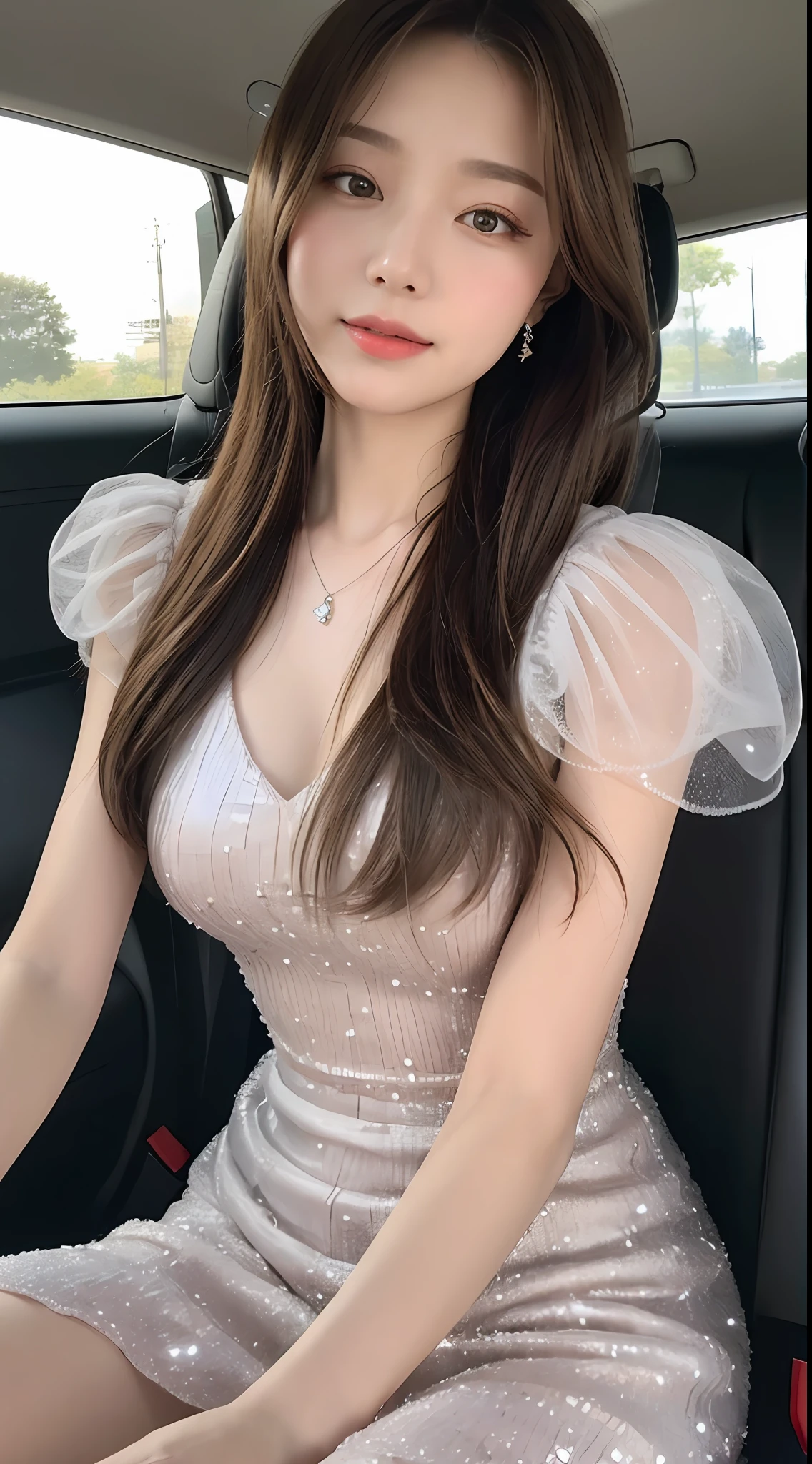 ((Best Quality, 8k, Masterpiece: 1.3)), Focus: 1.2, Perfect Body Beauty: 1.4, Buttocks: 1.2, ((Delicate Long Hair)), (Sparkling Dress: 1.1) , (Sports car, street: 1.2), Highly detailed face and skin texture, Fine eyes, Double eyelids, Whitened skin, Smile, Wearing necklace, ring, person sitting inside a car.