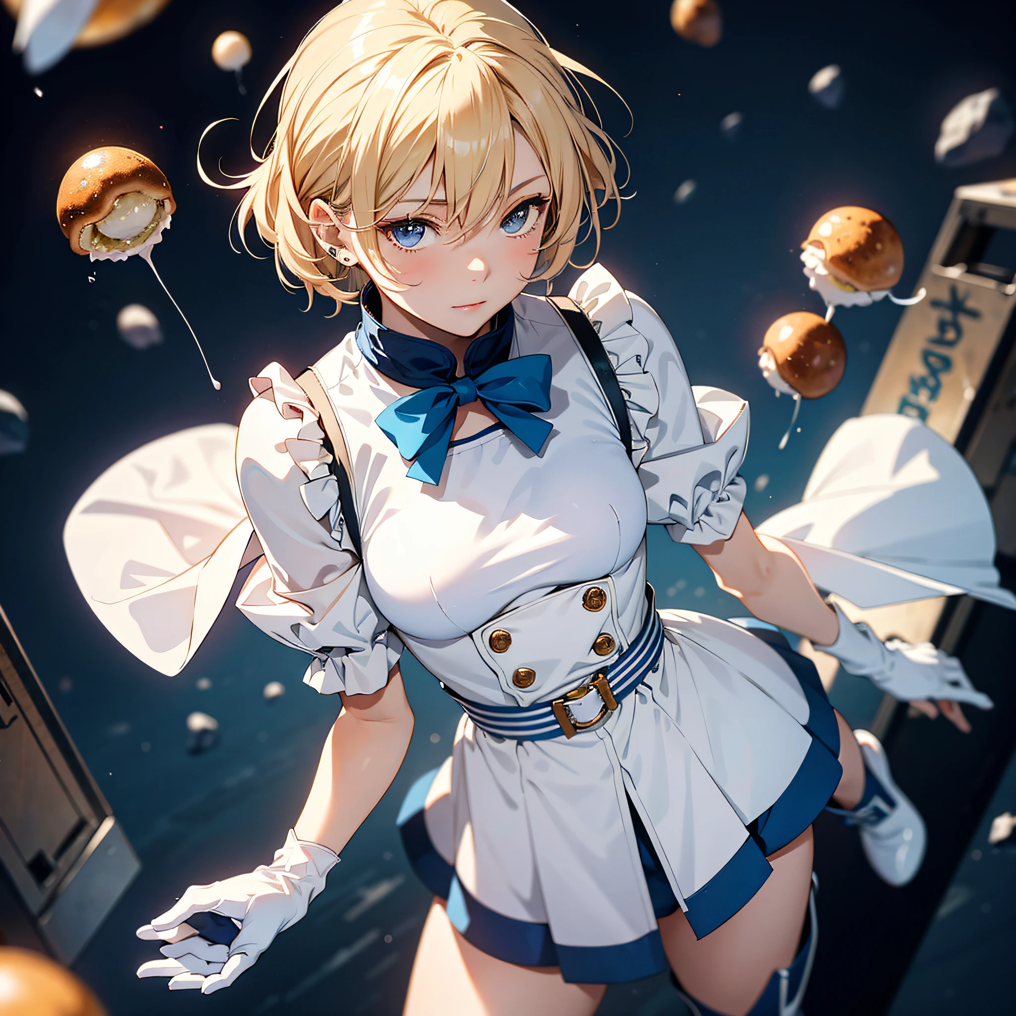 ((medium breasts, tomboy, small head)), absurd resolution, high resolution, (masterpiece: 1.4), super detailed, one girl, from above, takoyaki space, floating, blonde, petite, short hair, long boots, white and blue costume, gloves that are up to the elbows