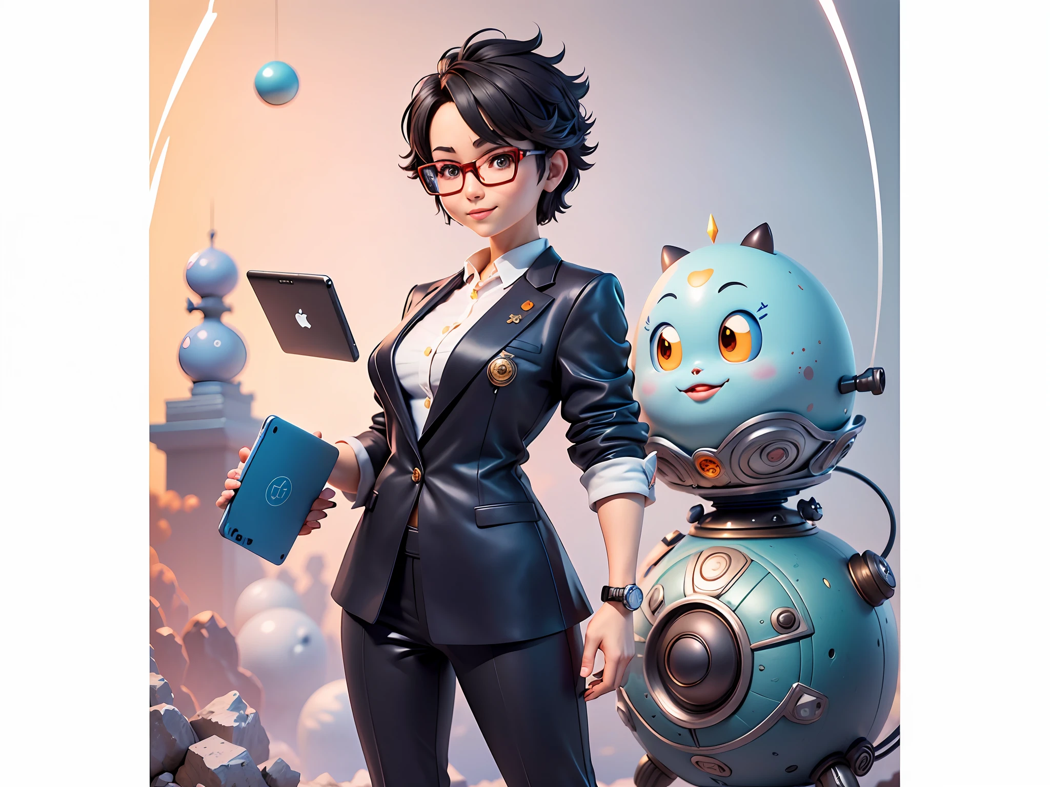 Masterpiece), (Excellent), (Super Meticulous), (Full Body: 1.2), Super Young Woman, Beautiful, Sexy, Bursting, Oriental Face, TV Anchor, Bust Portrait Illustration, Alone, Black Suit, Blue Tie, Silver Glasses, Slightly Chubby Face, Very Clean Face, No Beard, Black Super Short Hair, Black Eyes, Confident Smile, 3c Computer Sub-Products, iPad, iPhone, Digital Painting, 3D Character Design by Akira Toriyama with Mark Claireden and Pixar and Hayao Miyazaki, The illustration is a high-definition illustration in 4K resolution with very detailed facial features and cartoon-style visuals.