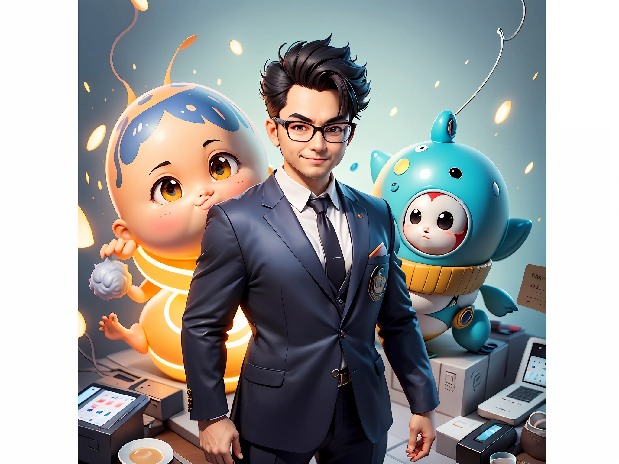 Masterpiece), (Excellent), (Super Meticulous), (Full Body: 1.2), Super Young Woman, Beautiful, Sexy, Bursting, Oriental Face, TV Anchor, Bust Portrait Illustration, Alone, Black Suit, Blue Tie, Silver Glasses, Slightly Chubby Face, Very Clean Face, No Beard, Black Super Short Hair, Black Eyes, Confident Smile, 3c Computer Sub-Products, iPad, iPhone, Digital Painting, 3D Character Design by Akira Toriyama with Mark Claireden and Pixar and Hayao Miyazaki, The illustration is a high-definition illustration in 4K resolution with very detailed facial features and cartoon-style visuals.