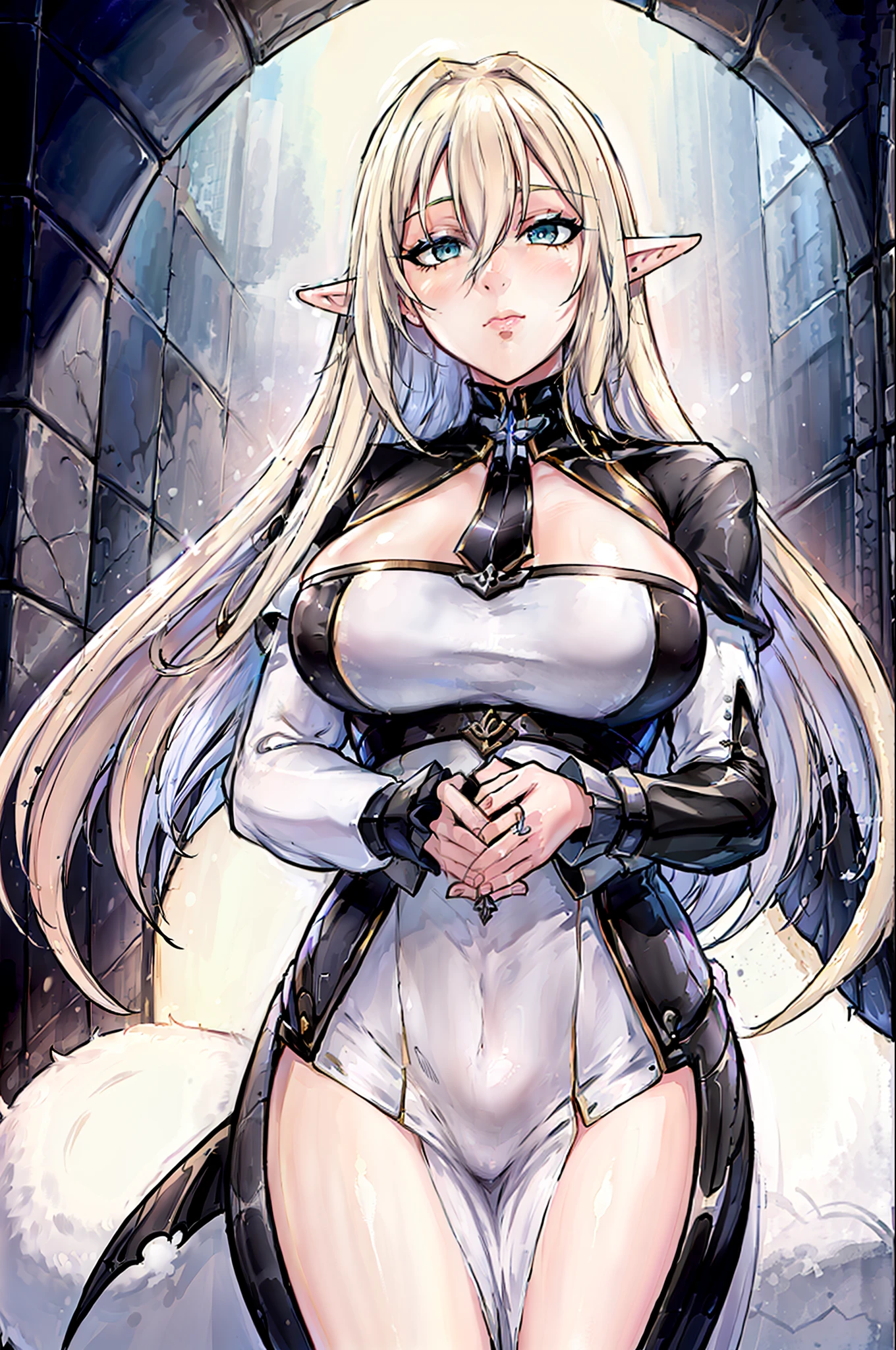 cinematiclighting, 1girl, (((masterpiece)), hdr, best quality, ultra-detailed, extremely detailed, high res, perfect face, highre, beautiful background, (depth of field), ray tracing, standing, Sovetsky_Soyuz, sovetsky soyuz \(azur lane\), standing, large breasts, yellow blonde hair, elf ears, (((no errors))), (((well detailed)), (((extremely well done)))