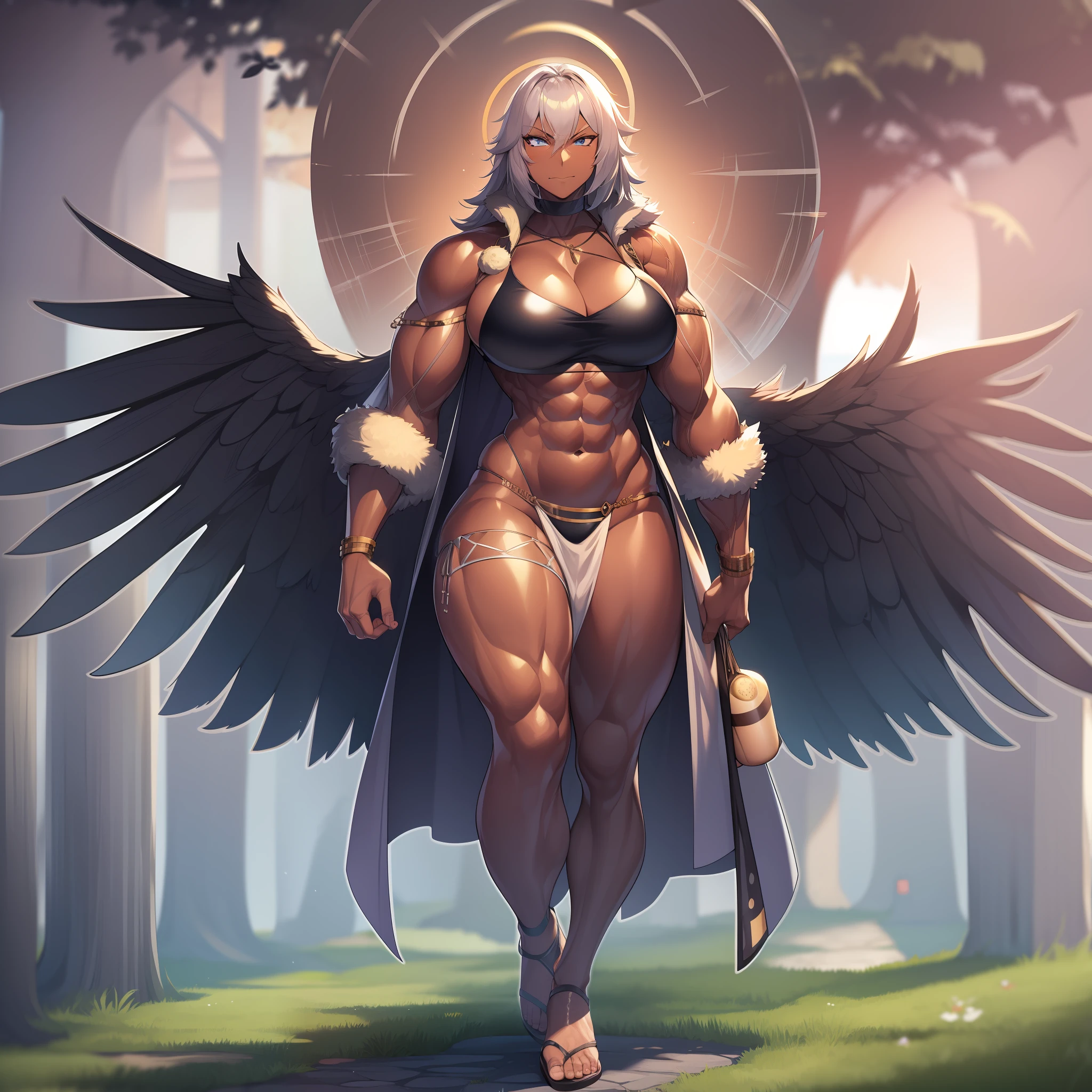 Muscle girl, dark-skinned woman, big chest, wings, happy,, coat jacket, pants, portrait, 1character, full body, walking, long dress, medieval, village, farm, angel halo, forest,flipflops,blond hair