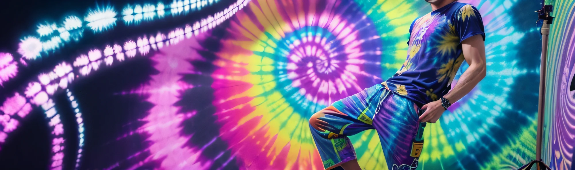 E-commerce model background picture, tie-dye seamless pattern articulation T-shirt, distant full body view, hyper-detail, real, a man with a good figure smiling looking at the camera, background cool psychedelic color matching trendy fashion --auto --s2
