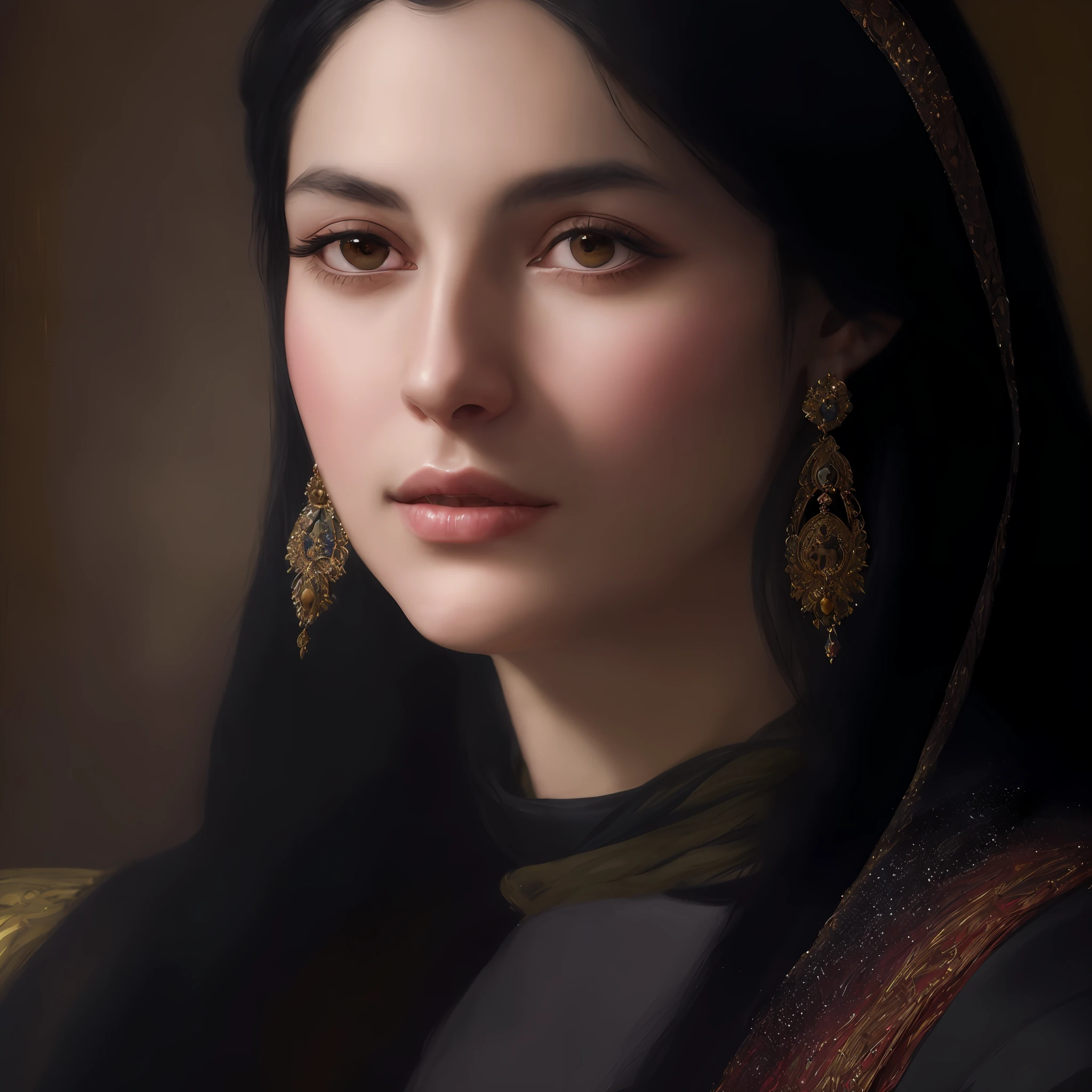 painting of a woman with long black hair and a gold earring, masterpiece! portrait of arwen, detailed beauty portrait, beautiful portrait of a woman, beautiful portrait, very beautiful portrait, gorgeous portrait, detailed beautiful portrait, renaissance digital painting, portrait study, fine details portrait, detailed portrait of a woman, stunning portrait, beautiful jewish woman, detailled portrait, realistic renaissance portrait