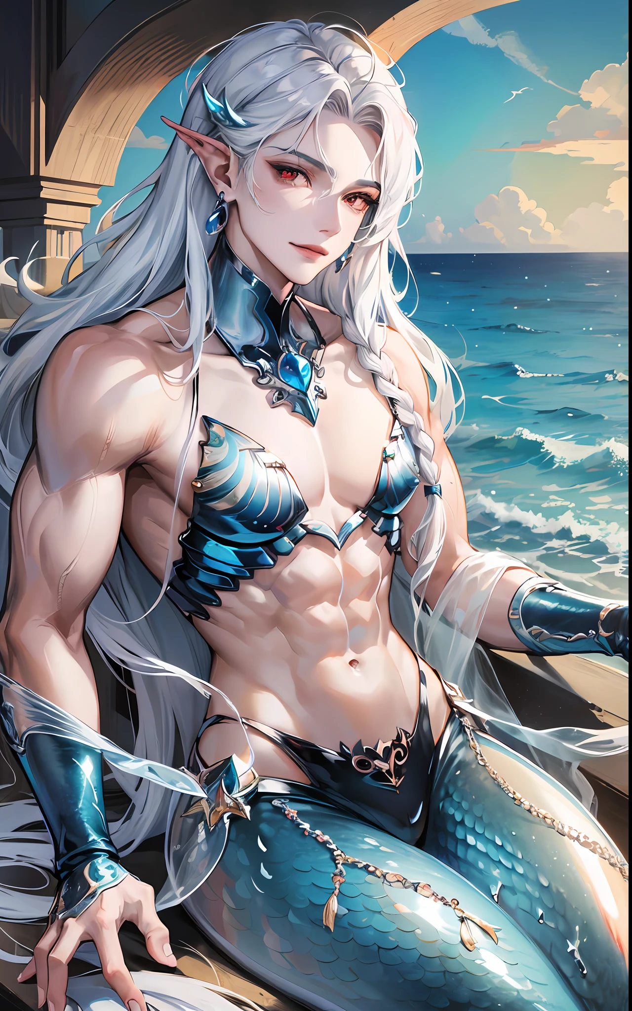 man, masculine, masculine face, attractive, muscular, (((1man))), masterpiece, absurdres, best quality ,intricate details , (shiny skin, shiny body, shiny oily luster skin, shiny hair, pale skintone), Sundown, attractive, ((muscular)), adult, one, earrings, Don't look at the view , Not looking at the view, silver hair, braided hair, perfect detailed face, perfect detailed hands, triton, fins, red eyes, triton ears, ((portait)), smirk, marine sea ornaments, sea in the background, ((in the water)), open chest, (mermaid tail), no legs