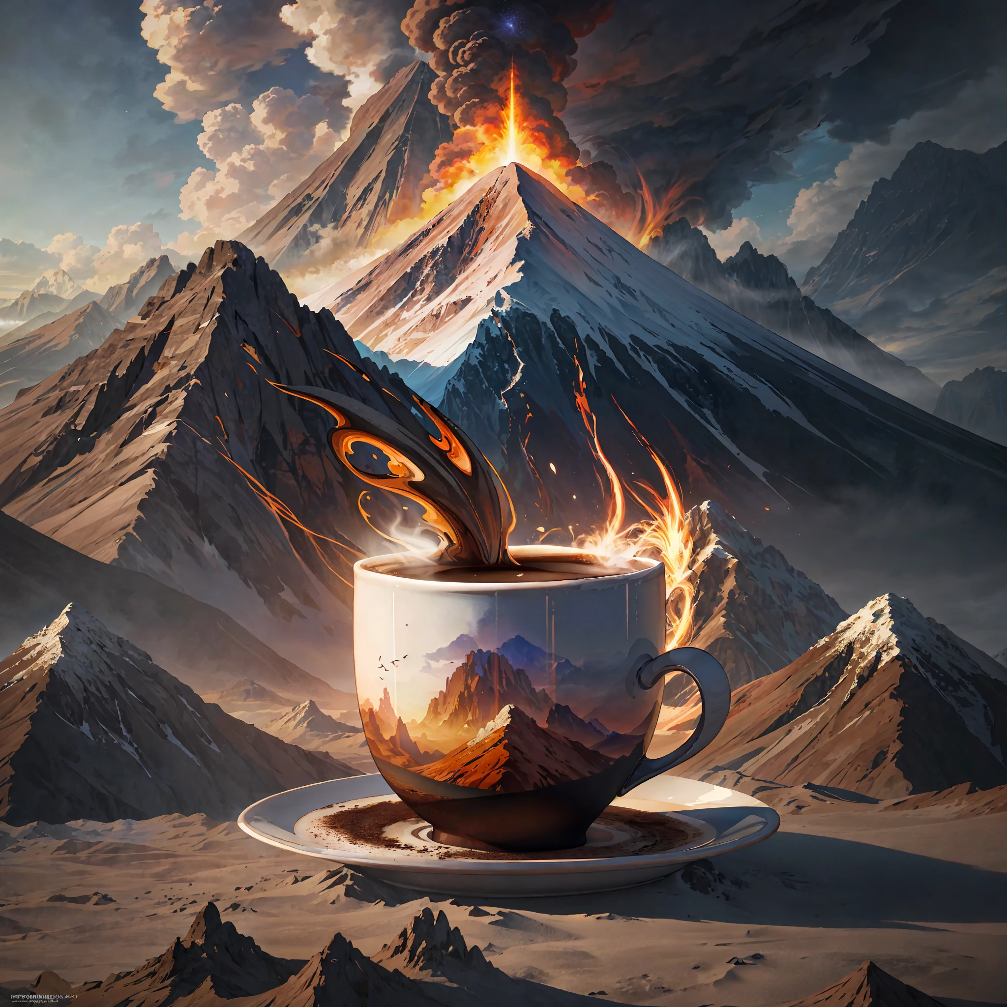 there is a cup of coffee with a mountain in the background, 3 d epic illustrations, 4k highly detailed digital art, stunning digital illustration, 4k detailed digital art, inspired by Mike Winkelmann, beautiful digital artwork, in style of kyrill kotashev, 8k stunning artwork, daily render, epic digital art illustration
