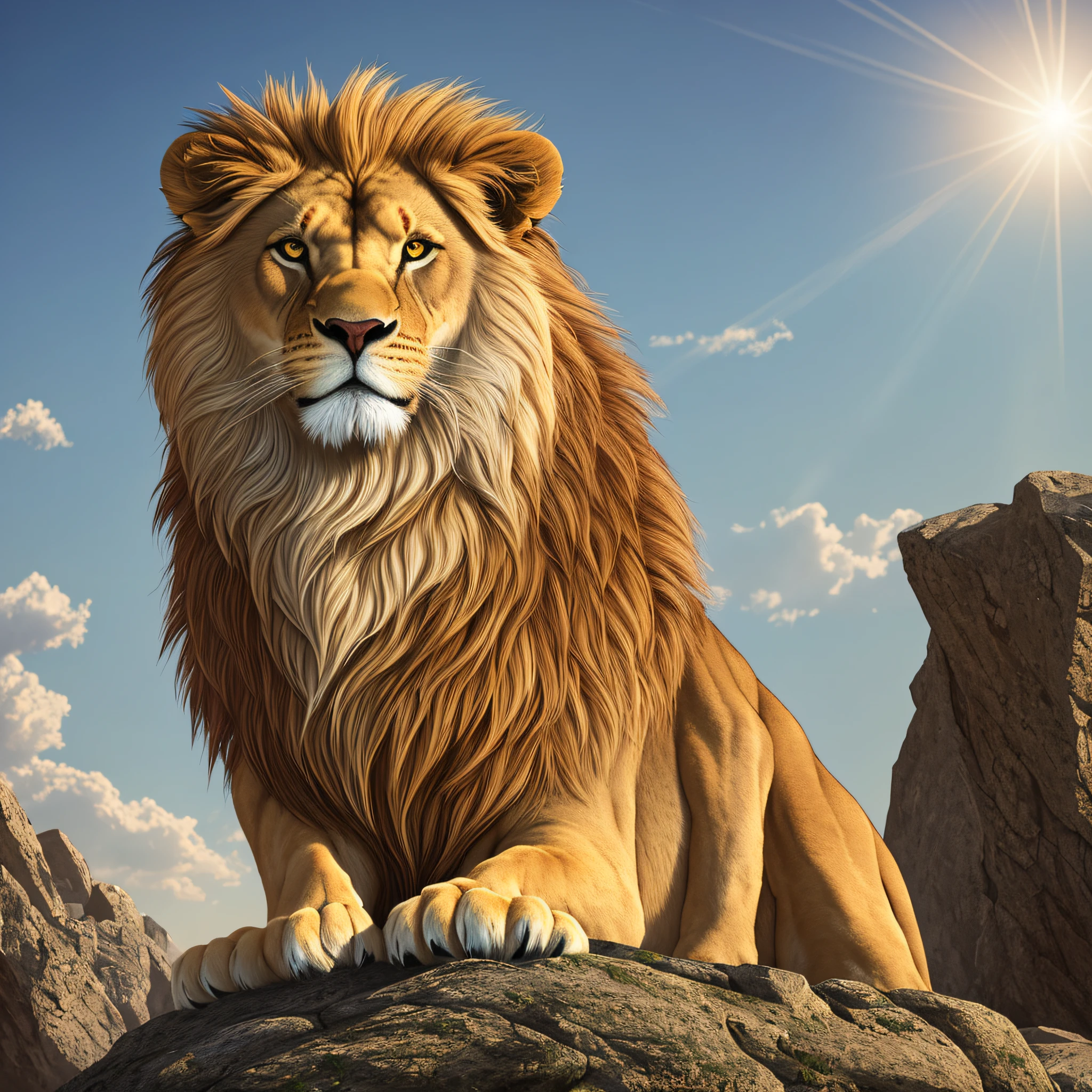 a realistic portrait in ultra hd high fidelity of a lion that is sitting on a rock, with perfect paws and a BRIGHT SUN , IUM BLUE SKY BEAUTIFUL hybrid mix of beeple style, artforum trend, lens flare, dramatic lighting !n-9, bioart , generative adversary network, inspired by Jacques-Laurent Agasse, the artist used bright and shiny eyes, sunraise , [ --auto --s2
