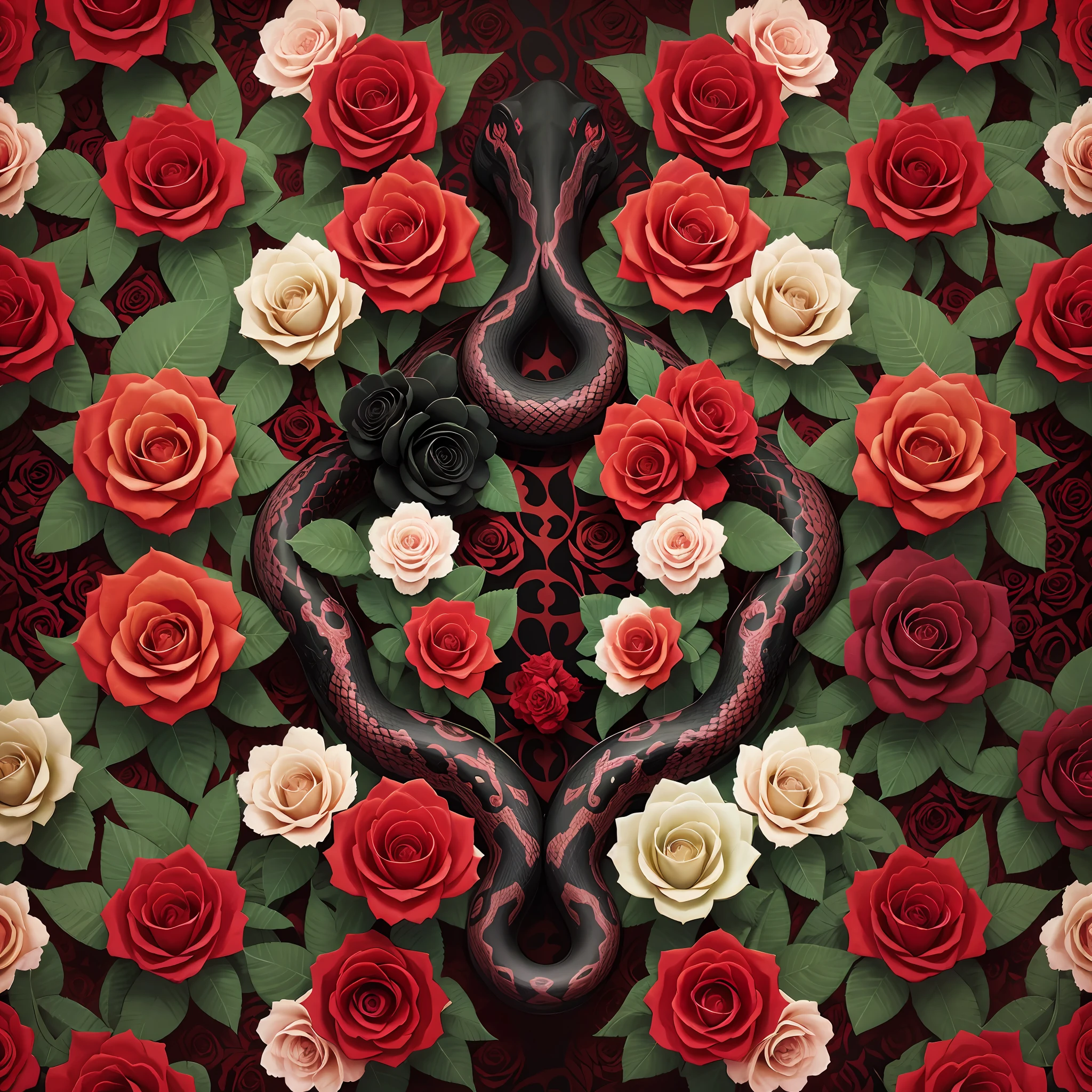 Wallpaper , red roses , wallpaper , arabesques , snakes and snakes , skulls , pattern , repetition , optical illusion , black and red , roses , DELUSION , pattern , REPETITION --auto --s2