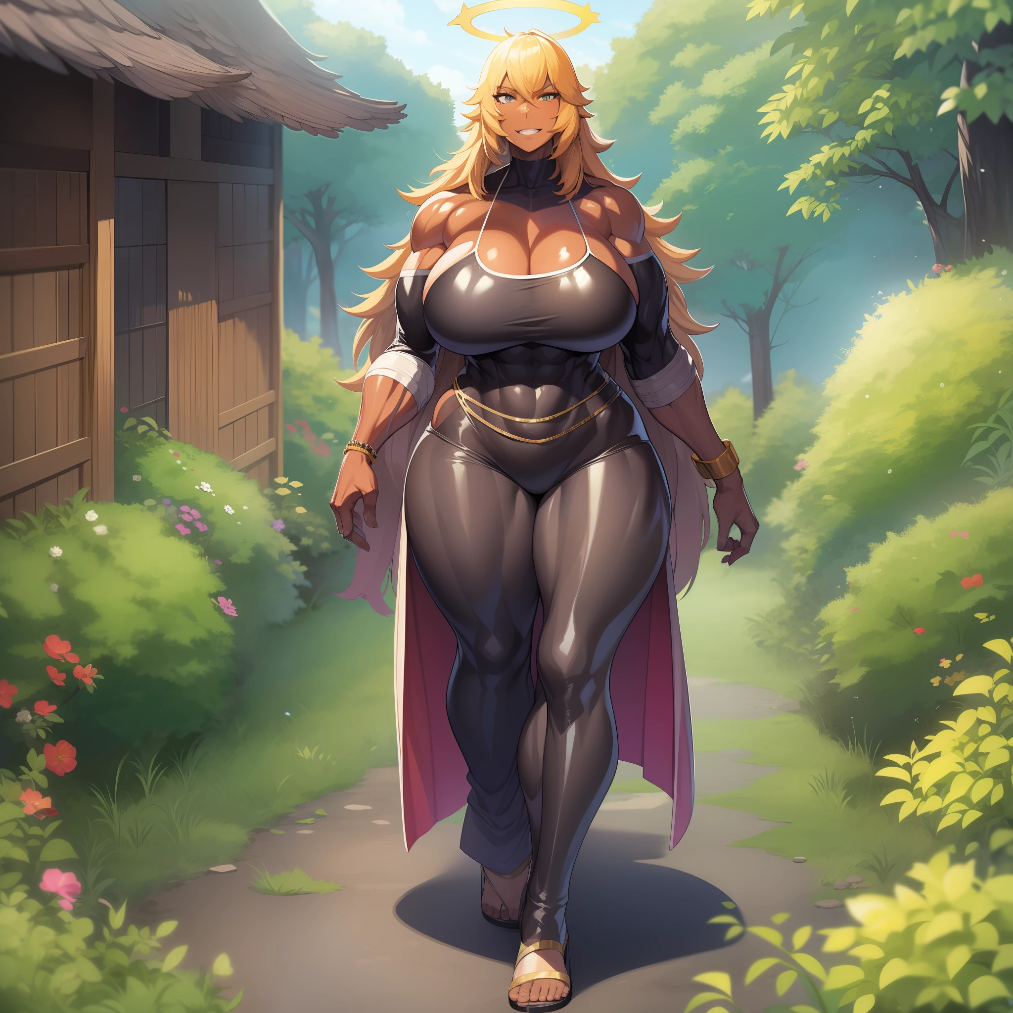 Muscle girl, dark-skinned woman, big chest, wings, happy,, coat jacket, pants, portrait, 1character, full body, walking, long dress, medieval, village, farm, angel halo, forest,flipflops,blond hair,, leopard cloths