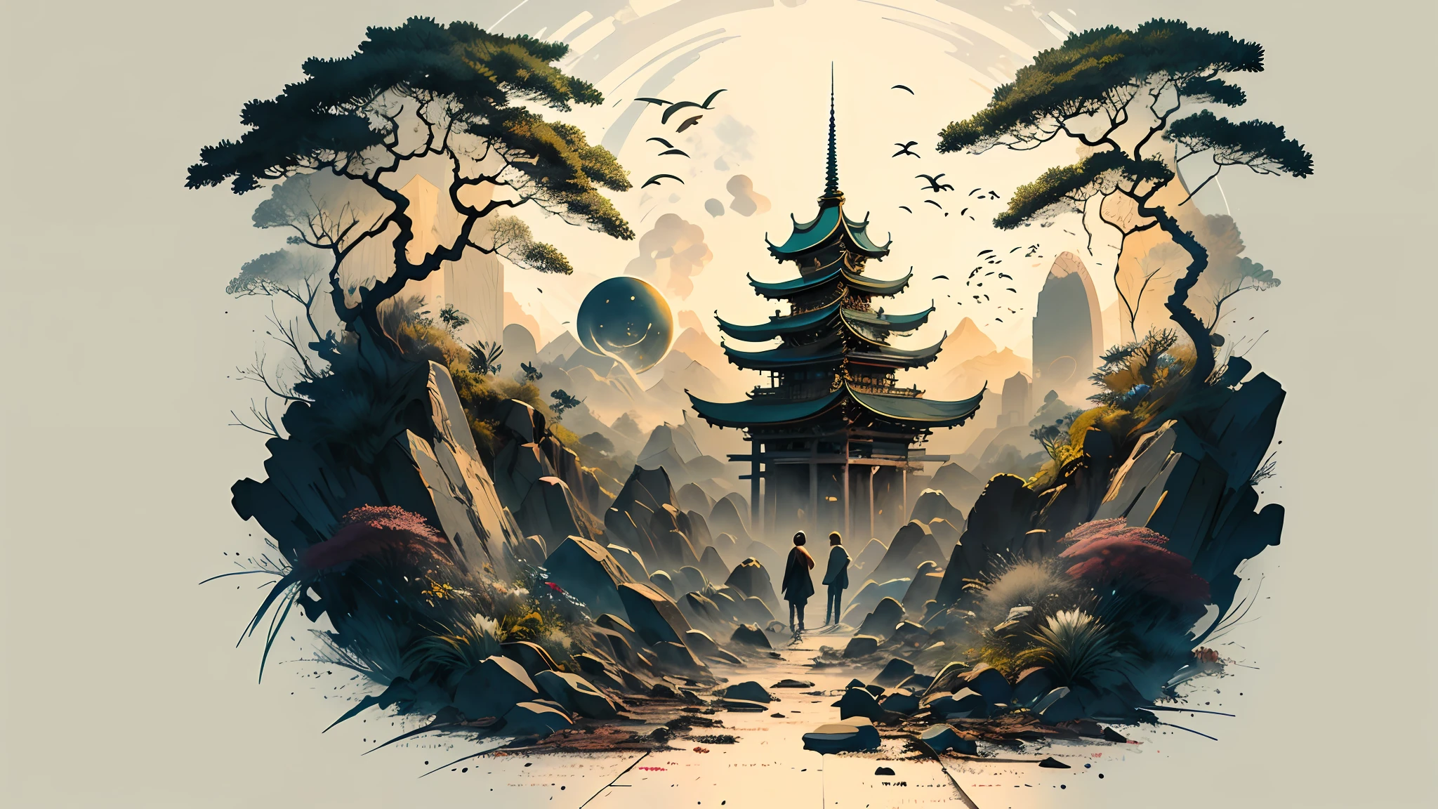 Absurd, high resolution, ultra-detailed, (1 girl:1.3), broken, design a beautiful temple scene, intricate architecture, lush gardens, and a sense of peace and spirituality. Broken, creating an image of a destructive demon with terrifying features, dark powers, and a thirst for chaos and destruction. Broken, designed with a fisheye effect image that captures a wide field of view with a unique curved viewing angle. Break to create rooftop views in urban environments with panoramic cityscapes, dramatic skylines, and a sense of elevation. Break , illustrating the tender moments between parents and children, capturing their bonds, love, and connection. Broken, using pointillism to illustrate images, carefully placed tiny dots of color to create a cohesive and visually stunning whole.