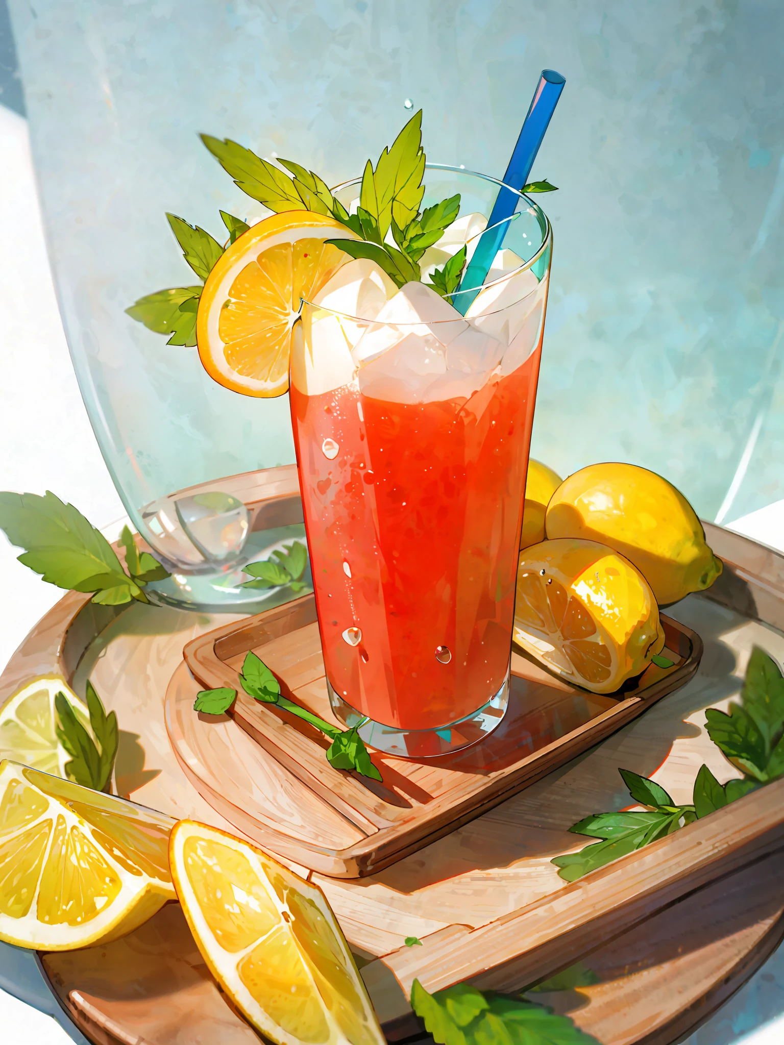 A glass of juice, blue, frozen effect, placed on a wooden tray with two lemons and mint leaves next to it, green and red straws, ultra-realistic food pictures, full theme shown in the photo, Randy Post, hyper realistic", hyper realistic", high res photo