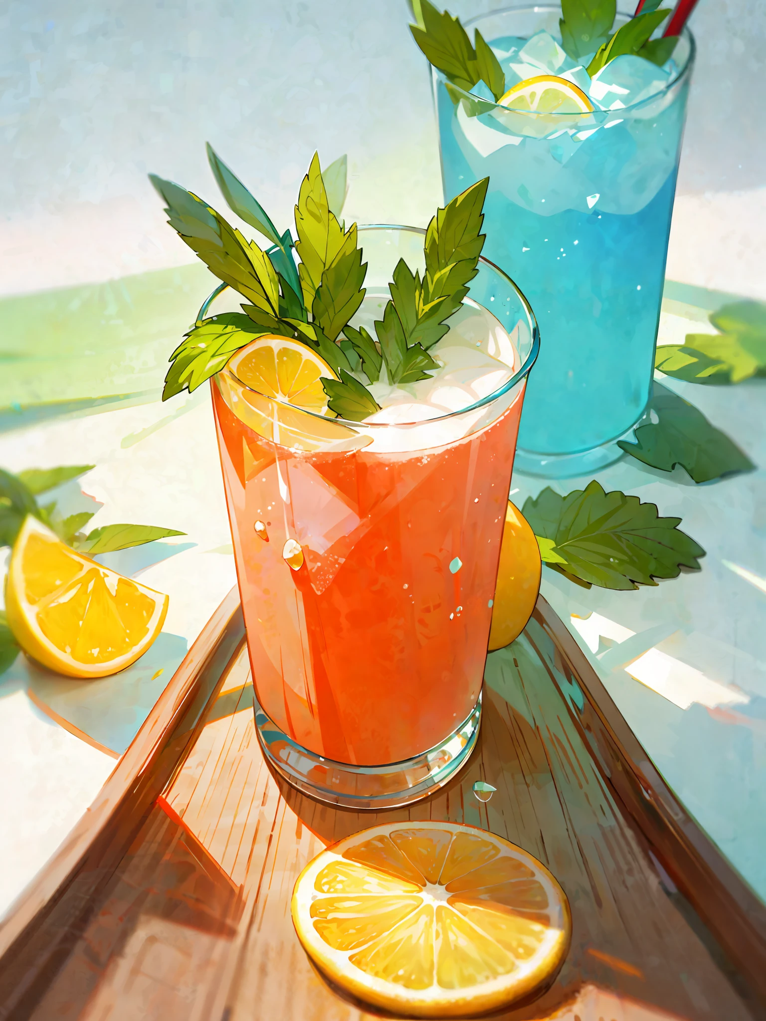 A glass of juice, blue, frozen effect, placed on a wooden tray with two lemons and mint leaves next to it, green and red straws, ultra-realistic food pictures, full theme shown in the photo, Randy Post, hyper realistic", hyper realistic", high res photo