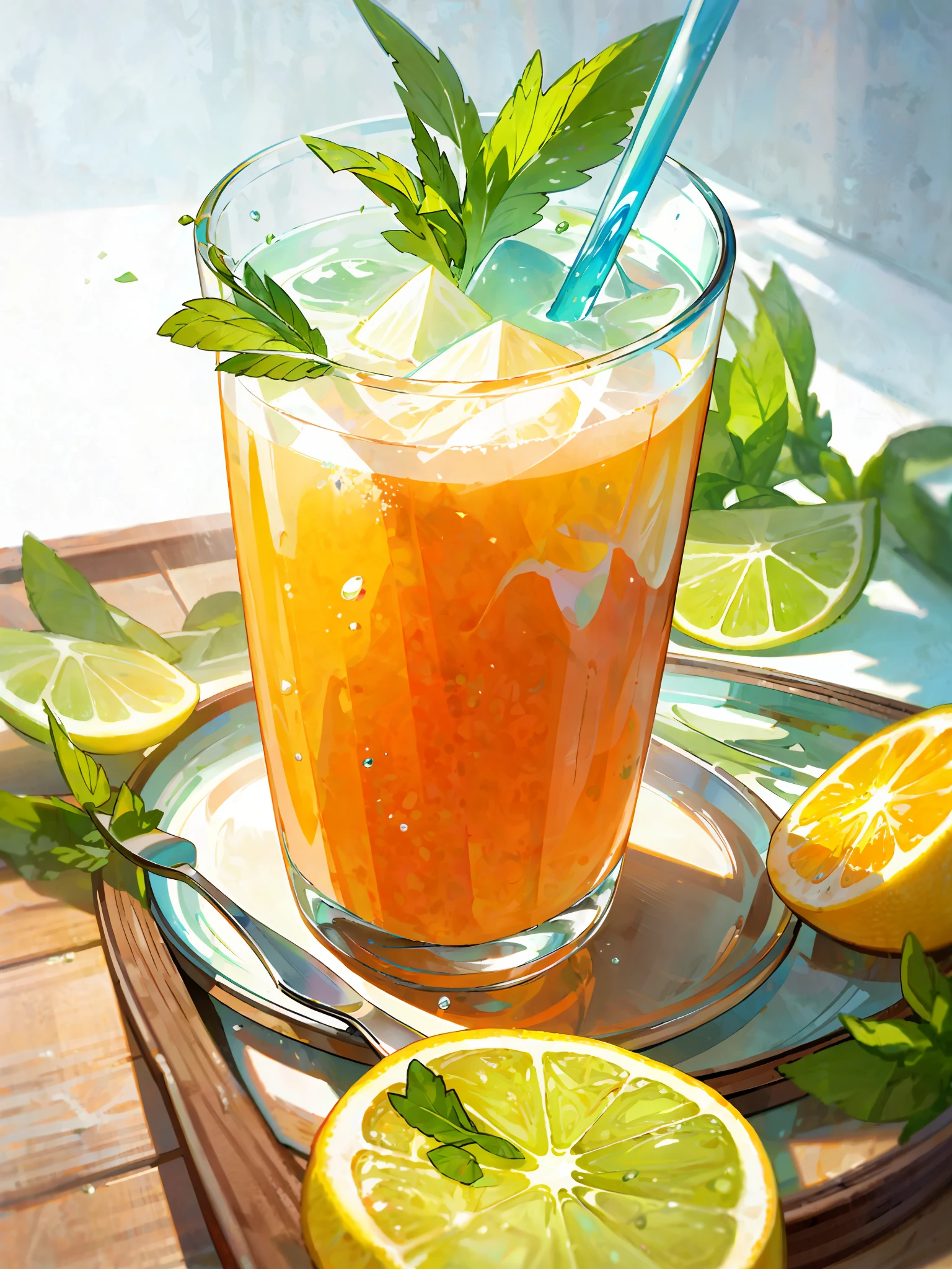 A glass of juice, blue, frozen effect, placed on a wooden tray with two lemons and mint leaves next to it, green and red straws, ultra-realistic food pictures, full theme shown in the photo, Randy Post, hyper realistic&quot;, hyper realistic&quot;, high res photo