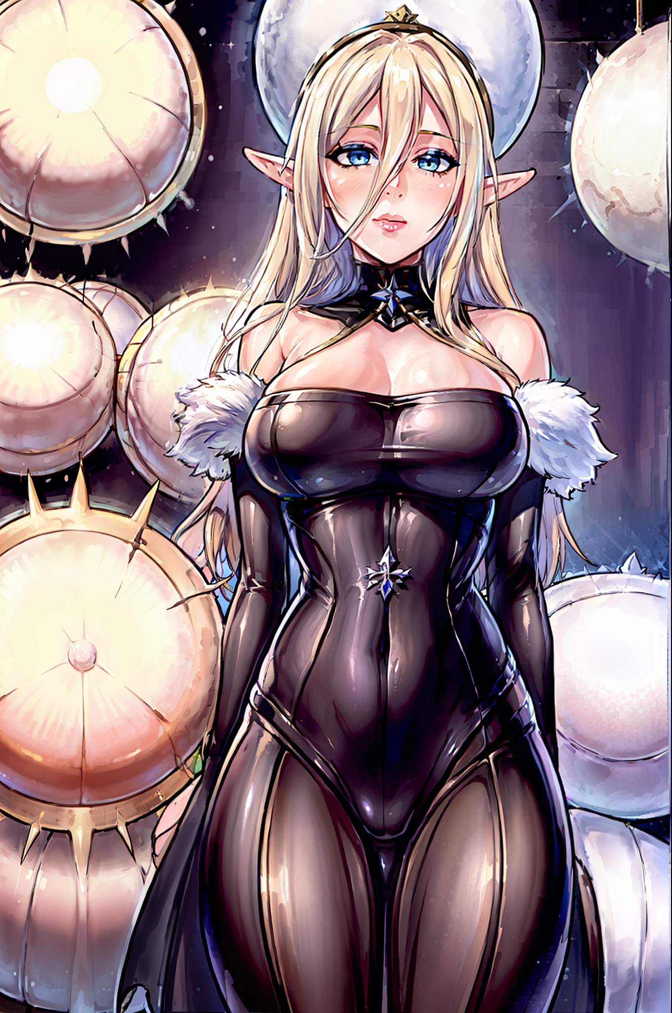 cinematiclighting, 1girl, (((masterpiece)), hdr, best quality, ultra-detailed, extremely detailed, high res, perfect face, highre, beautiful background, (depth of field), ray tracing, standing, Sovetsky_Soyuz, sovetsky soyuz \(azur lane\), standing, large breasts, yellow blonde hair, elf ears, (((no errors))), (((well detailed)), (((extremely well done)))