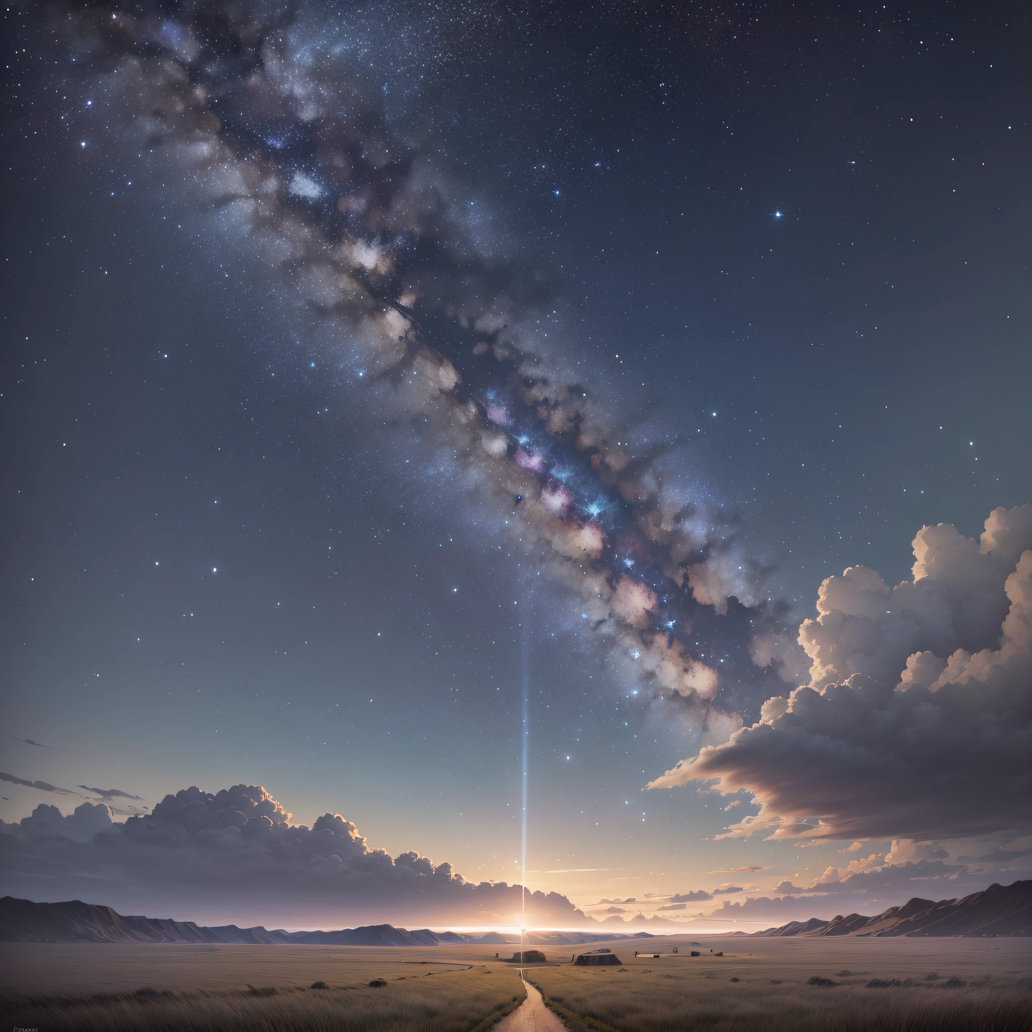 The starry night sky, with the scenery of the wide grassland, cut through the tranquil meteors emit a beautiful and mysterious light, moonlight bathes in the silence and beauty of this moment. --auto --s2