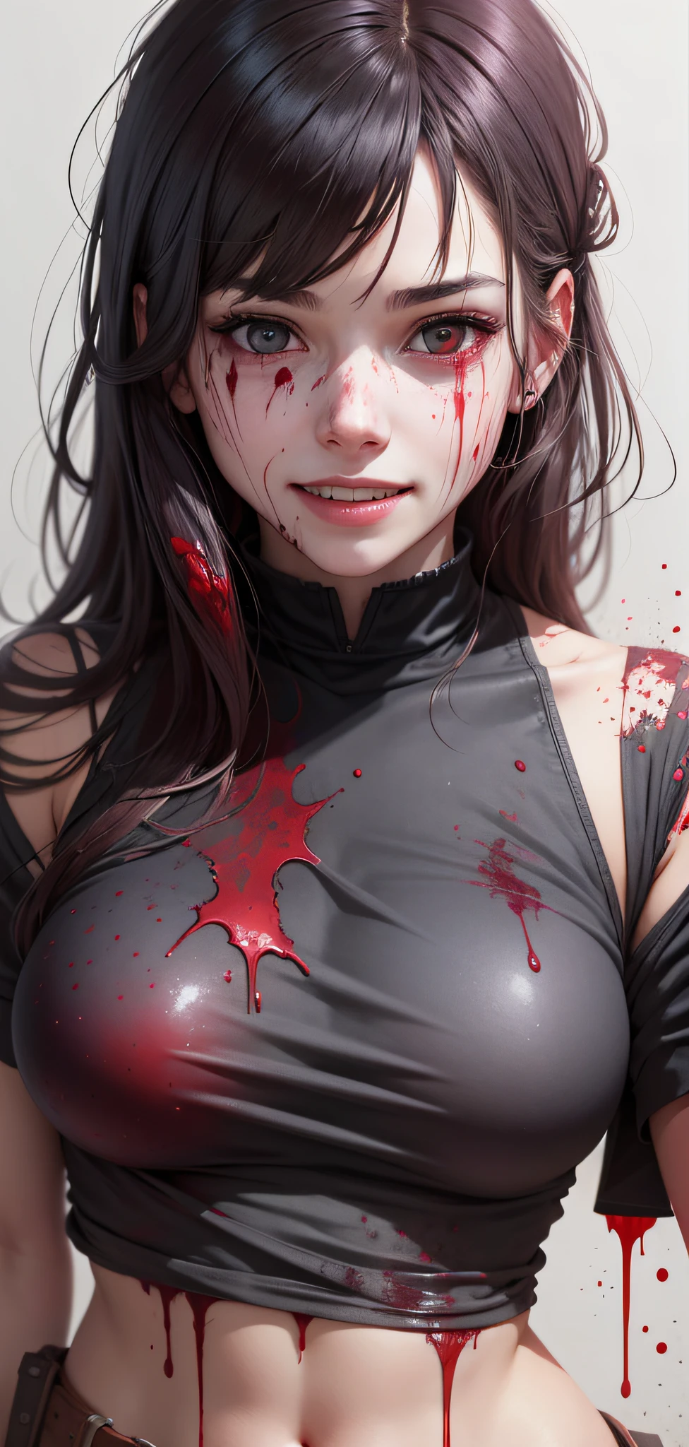 1girl, psychopath smile, full of blood, bruised, full body, bleeding mouth, plenty of blood, cuts on the face with blood, realistic, high quality,