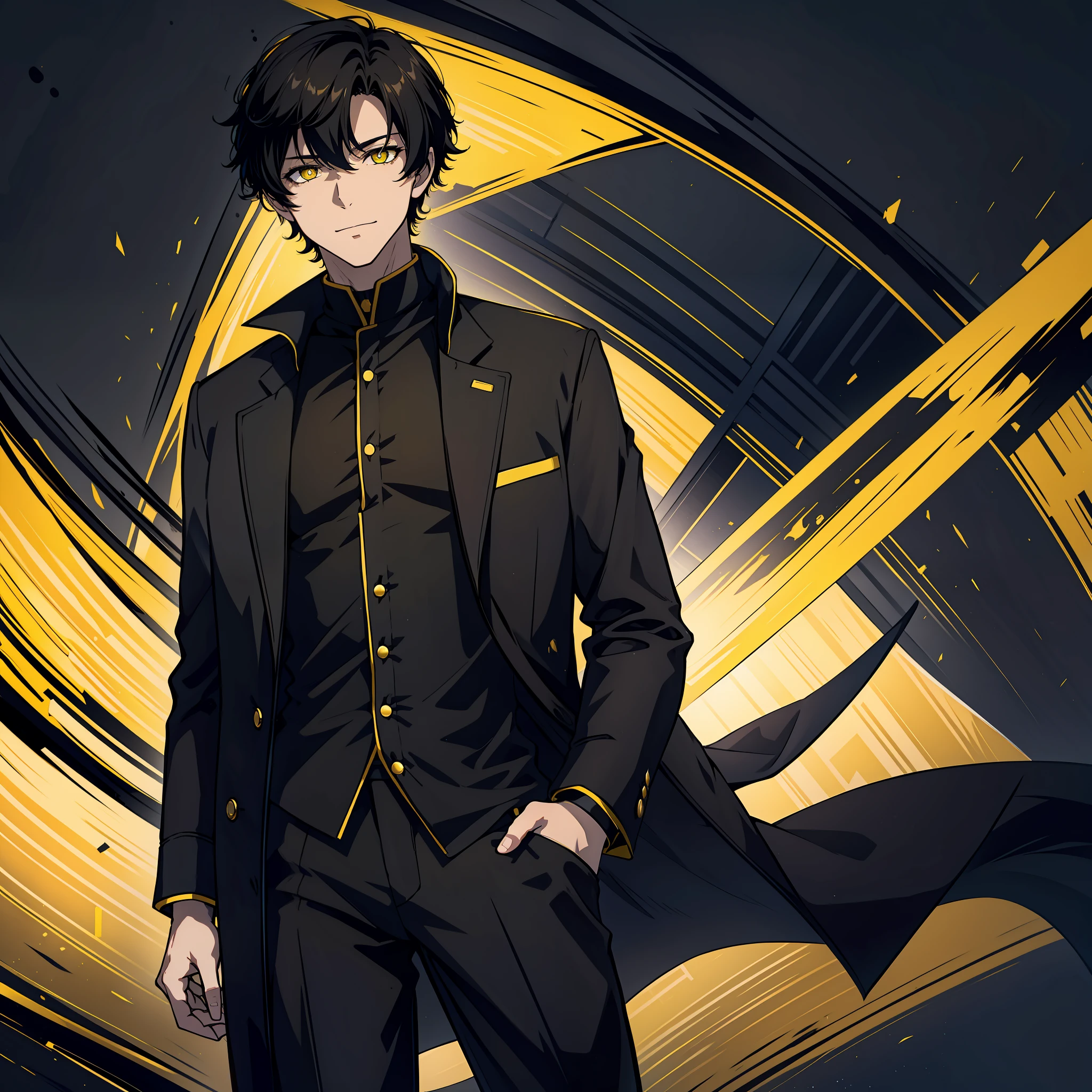 human, male, solo, mature, black short hair, slim, yellow pupils, looking at viewer, black shirt, black long coat, collar, tall, gentle smile, plains