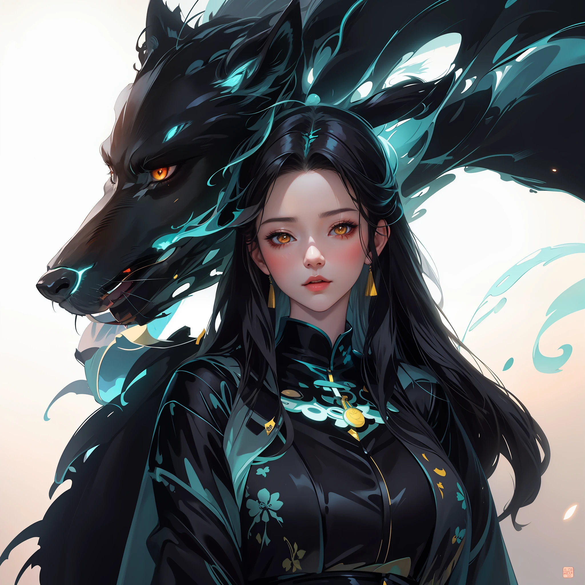 Anime - a long brunette and fluorescent wolf woman style image, by Yang J, artgerm and atey ghailan, a beautiful fox lady, Guweiz, Guvez style artwork, Artgerm and Nguyen Jia, Nguyen Jia and Artgerm, a beautiful fox woman, portrait of a dragon woman