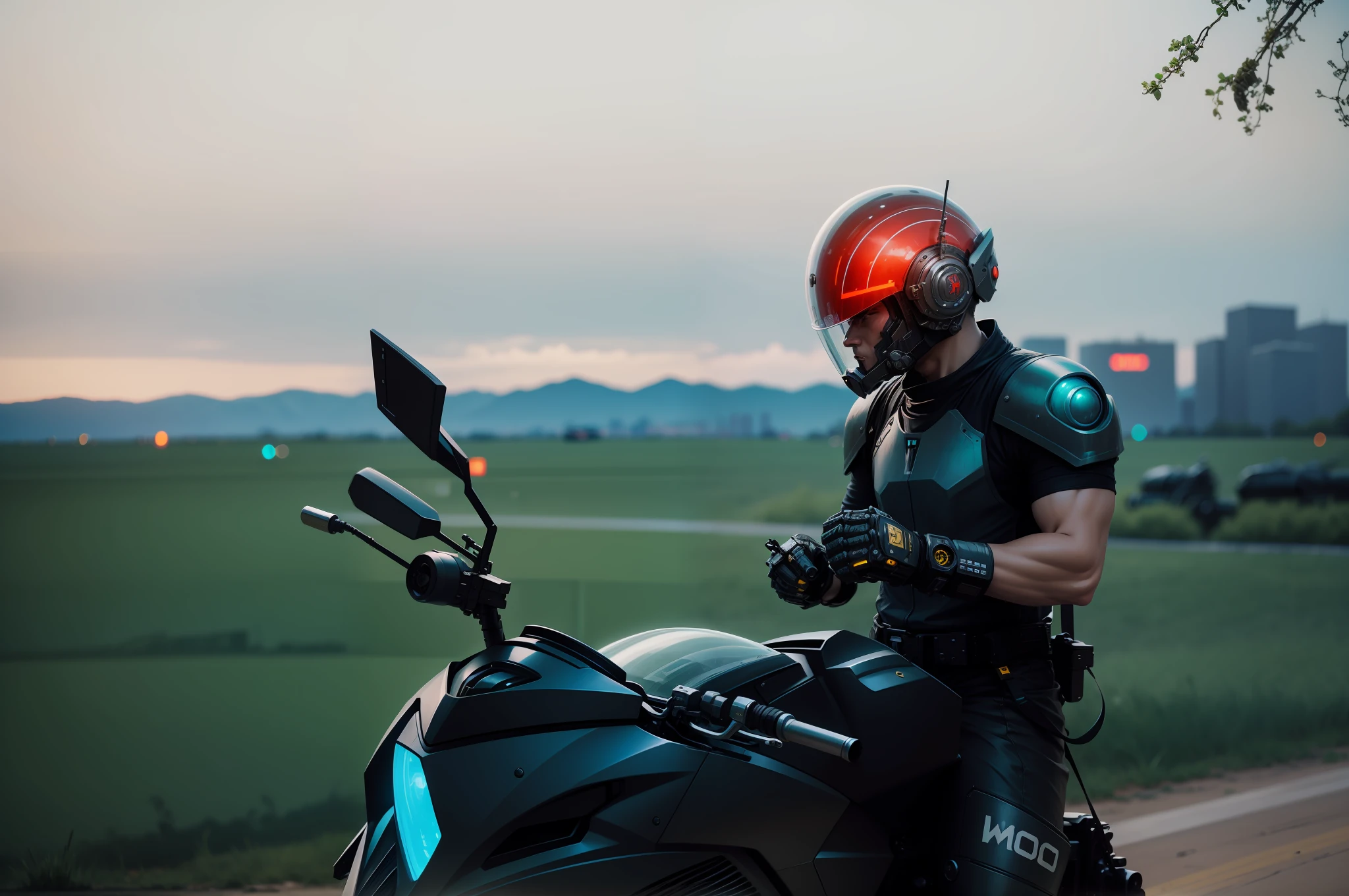 Robot warrior with helmet, riding motorcycle, sci-fi mecha motorcycle, wearing helmet, motorcycle helmet, futuristic motorcycle, mechanical motorcycle, cyberpunk style, mecha style, robot, futuristic warrior, futuristic city background, war, battlefield --auto --s2
