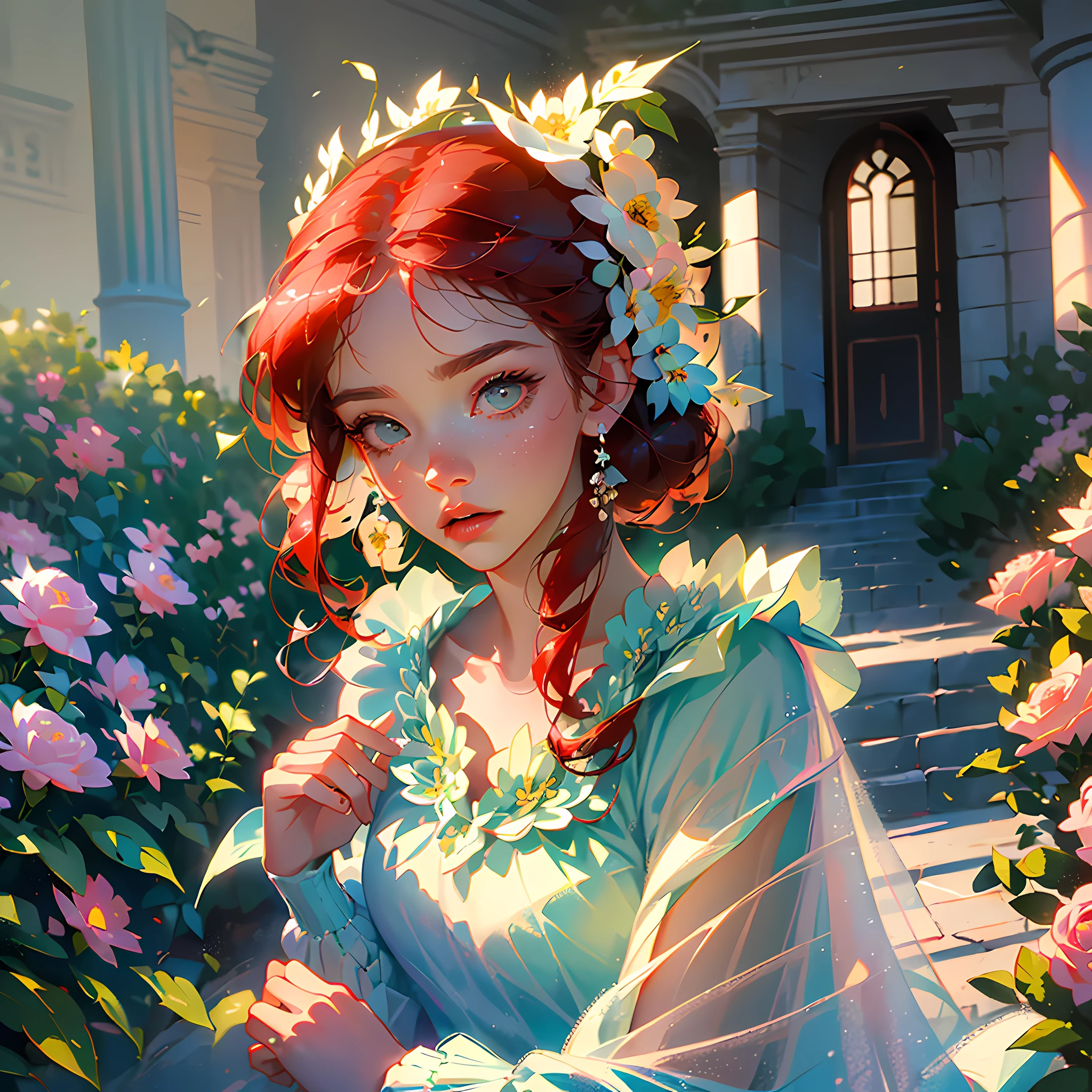 (mobile wallpaper) (masterpiece, best quality), blurred foreground, (better lighting, better shadow, an extremely delicate and beautiful), (emphasis on the face), dynamic lighting, (dramatic pose), (volumetric light), (flowery garden in the background), (red roses), (red hair:1.4, white clothes:1.1), (art with pastel colors, super light colors), (mobile wallpaper style)