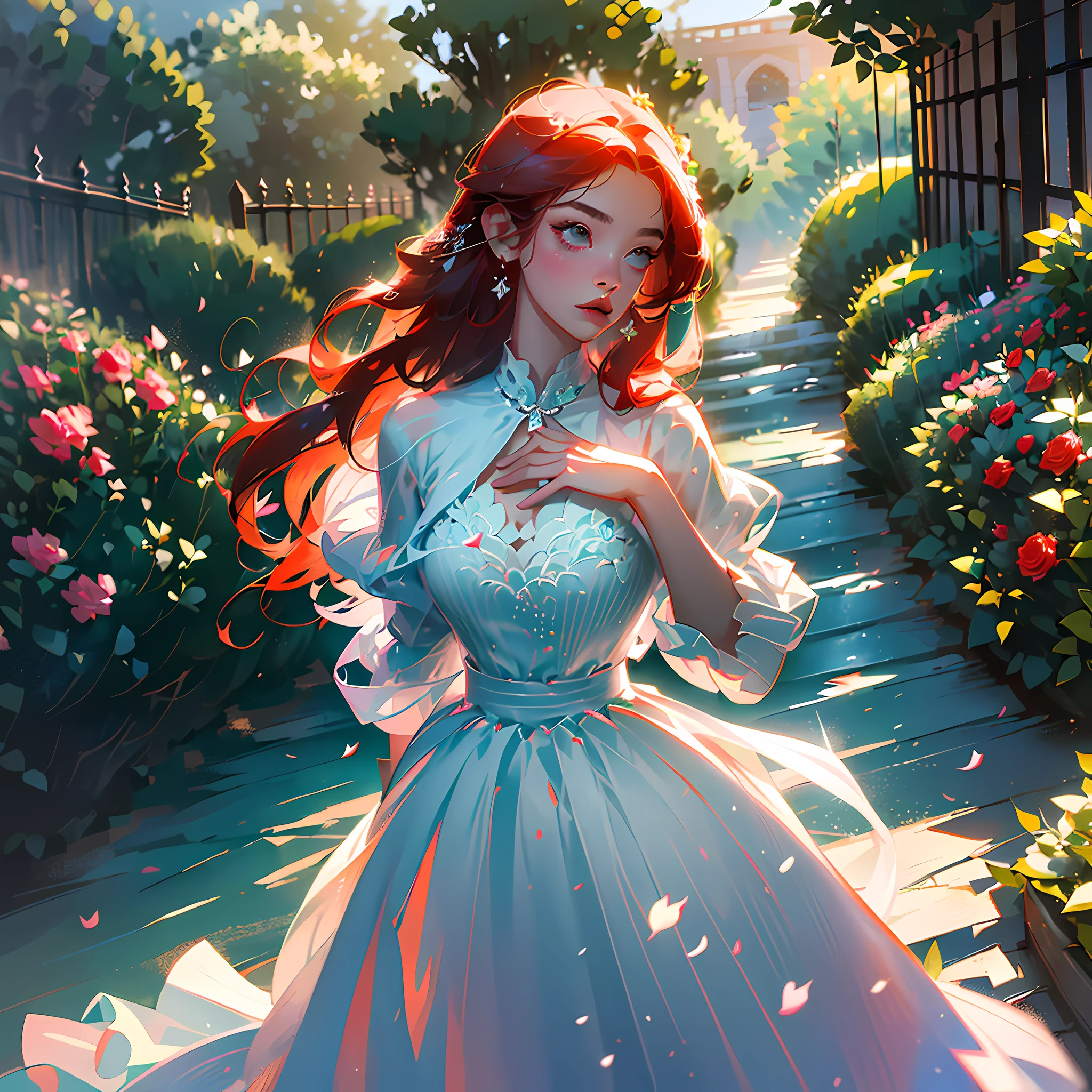 (mobile wallpaper) (masterpiece, best quality), blurred foreground, (better lighting, better shadow, an extremely delicate and beautiful), (emphasis on the face), dynamic lighting, (dramatic pose), (volumetric light), (flowery garden in the background), (red roses), (red hair:1.4, white clothes:1.1), (art with pastel colors, super light colors), (mobile wallpaper style)