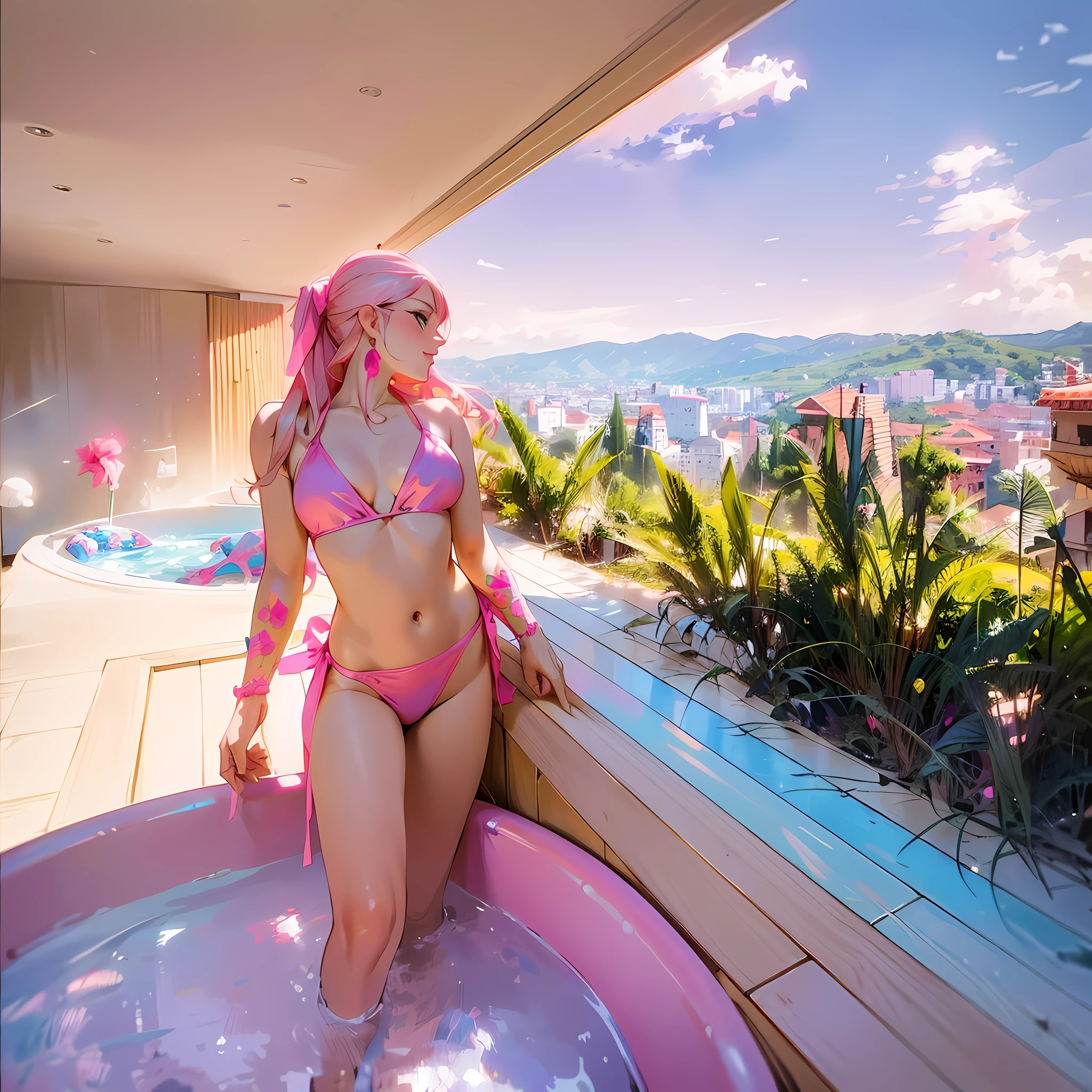 Woman in pink bikini standing in a hot tub on a terrace, great view, spa, paradise in the background, in a luxury pool, nice view, amazing view, rooftop, Colombian, beautiful view, , on a sunny day, by Gabriel Ba, by David Rubín, Penthouse, 🤬 🤮 💕 🎀 Rosalia Vila i Tobella