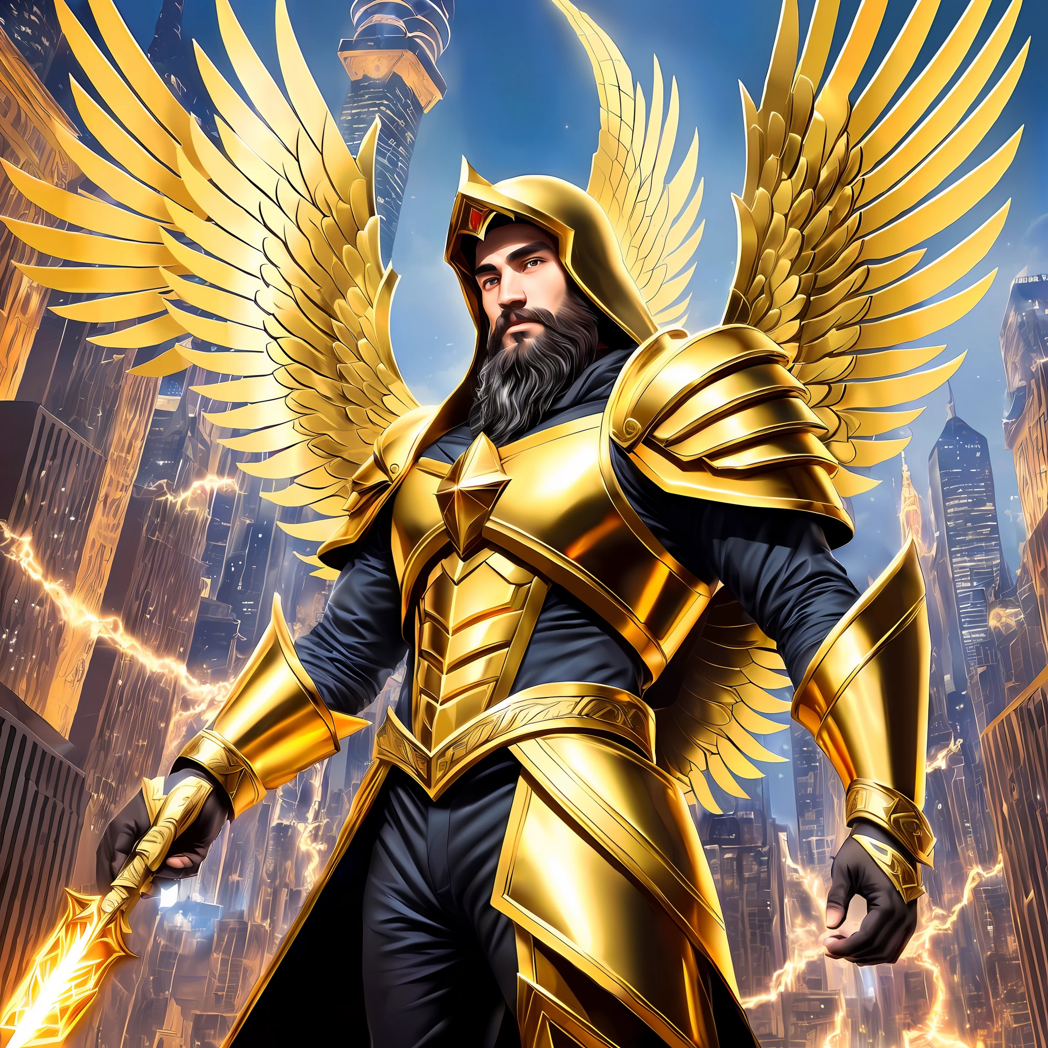 arab man with a long beard and a hat taking a selfie, typical cryptocurrency nerd, amazing background, inspired by Maxwell Ferreira, rich, millionaire, strong, avatar image, profile picture, golden armored angel, wings made of energy, metal halo, faceless, hooded, gold, fantasy, concept art, ultra realistic, foreground art : maxwell --auto --s2