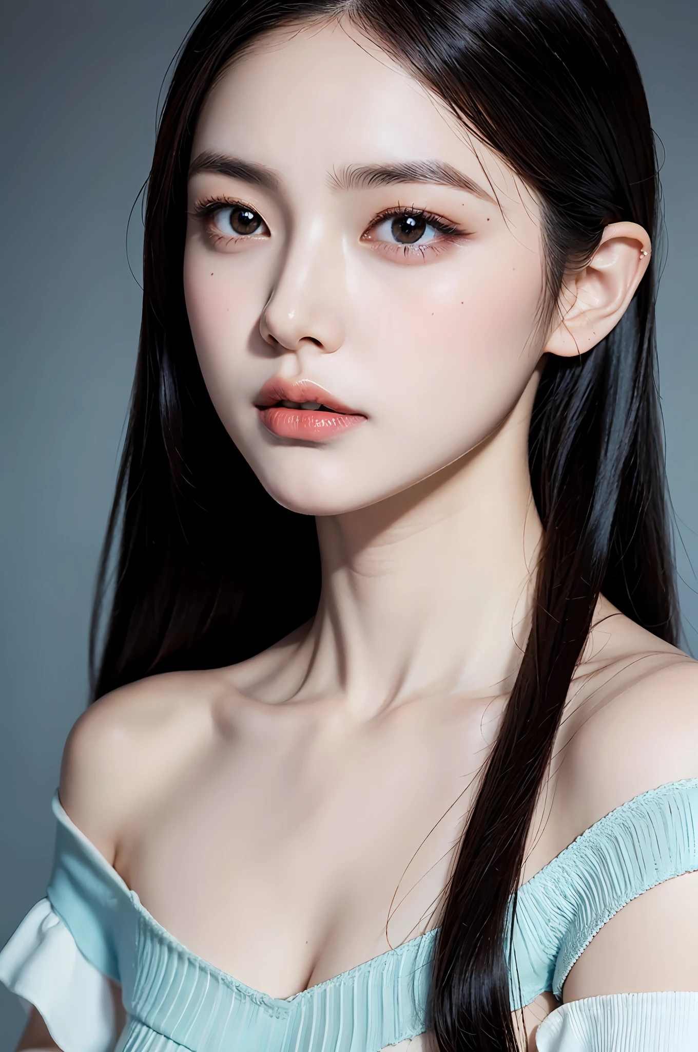 Fashion trendy beautiful and charming woman, gentle and charming Chinese beautiful woman, delicate and sexy collarbone, charming oval face, double eyelids, smart peach blossom eyes, pink lips, small nose, bare shoulders, focus on the face, close-up of the face, Ultra-high-definition, super-detailed, the white off-the-shoulder shirt perfectly echoes the light blue slit skirt, fresh and impressive