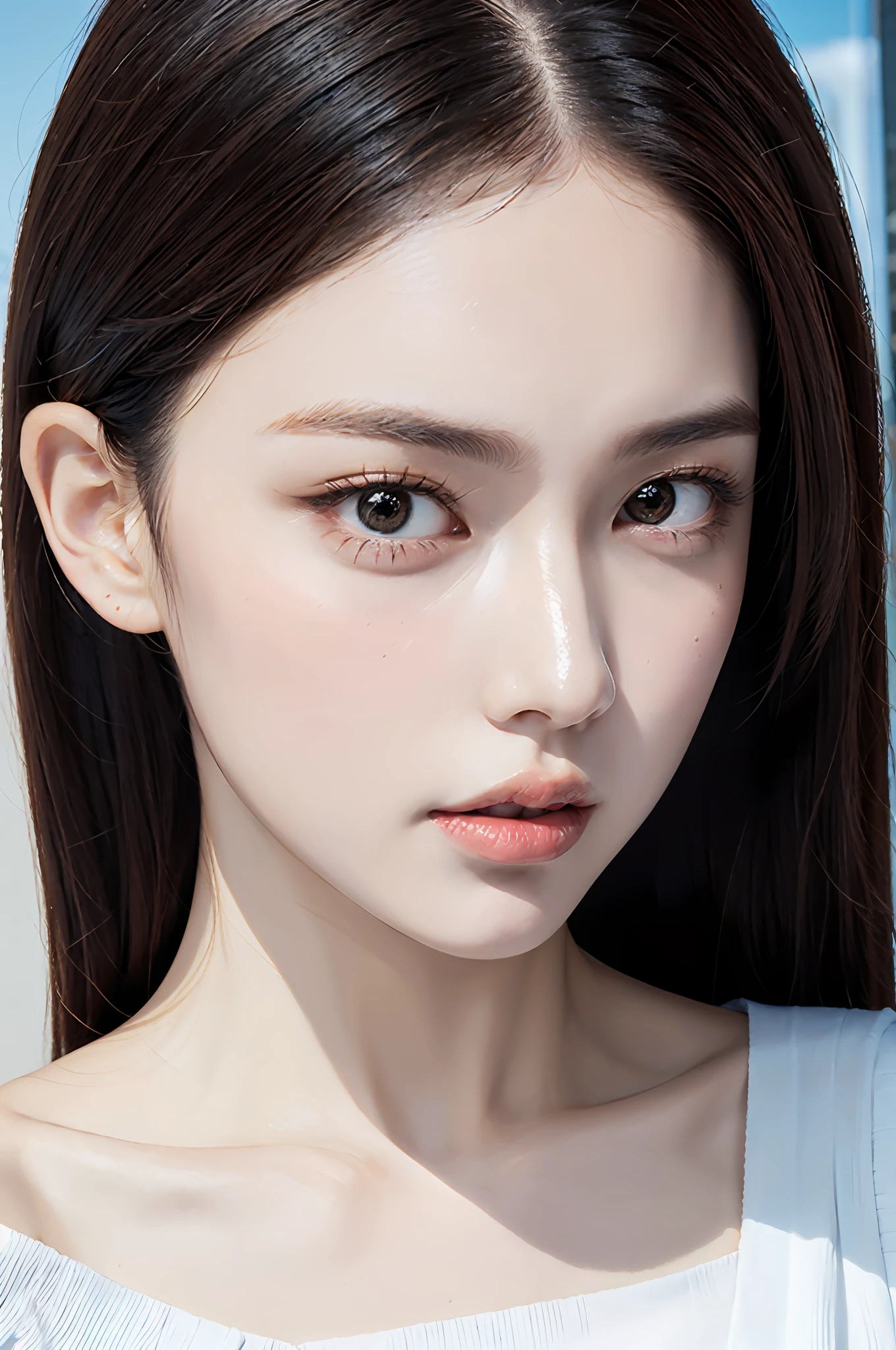 Fashion trendy beautiful and charming woman, gentle and charming Chinese beautiful woman, delicate and sexy collarbone, charming oval face, double eyelids, smart peach blossom eyes, pink lips, small nose, bare shoulders, focus on the face, close-up of the face, Ultra-high-definition, super-detailed, the white off-the-shoulder shirt perfectly echoes the light blue slit skirt, fresh and impressive